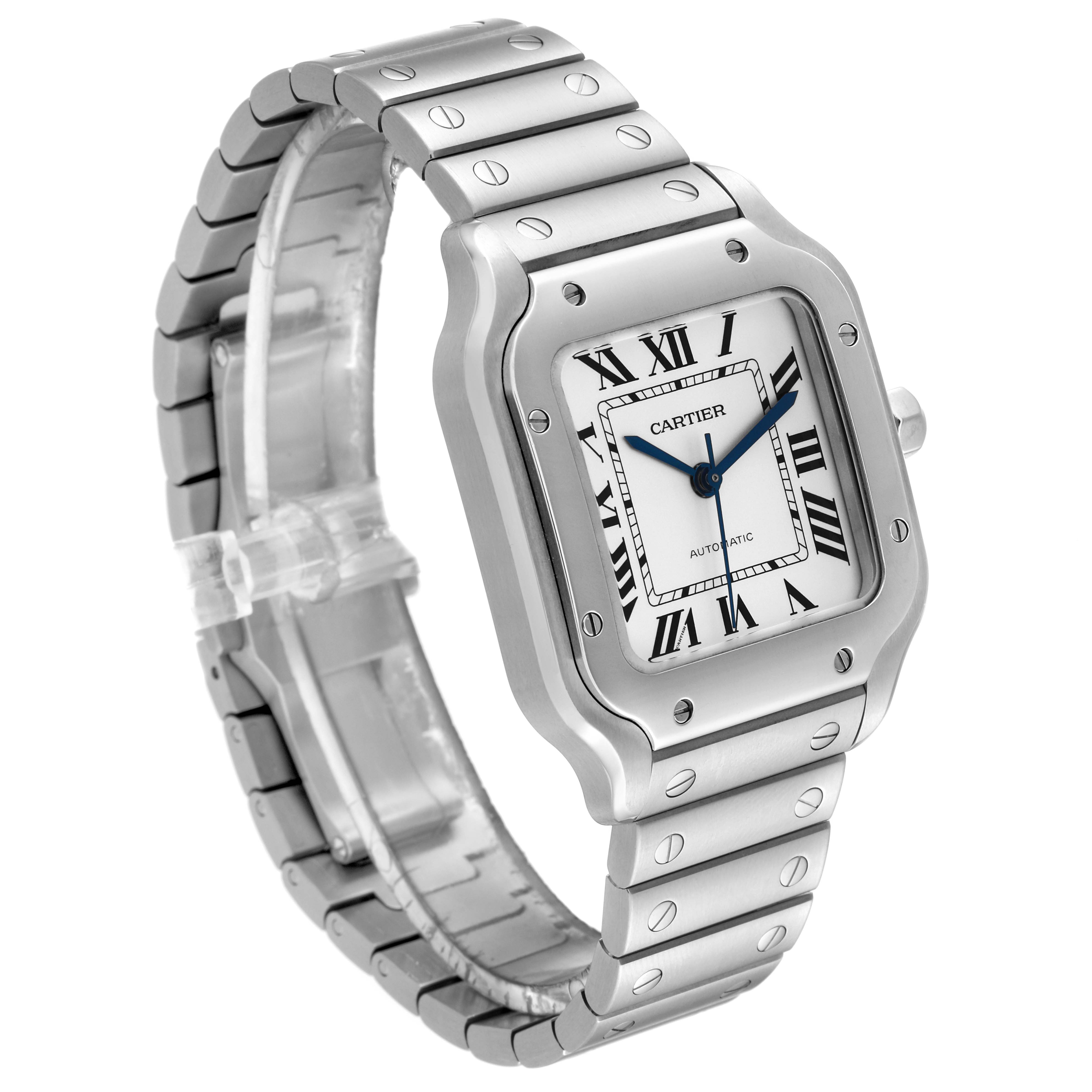 The image shows a side and front angle of a Cartier Santos WSSA0010 Men's Stainless Steel Silver Dial WSSA0010 Men's Stainless Steel Silver Dial watch, highlighting its stainless steel case and bracelet.