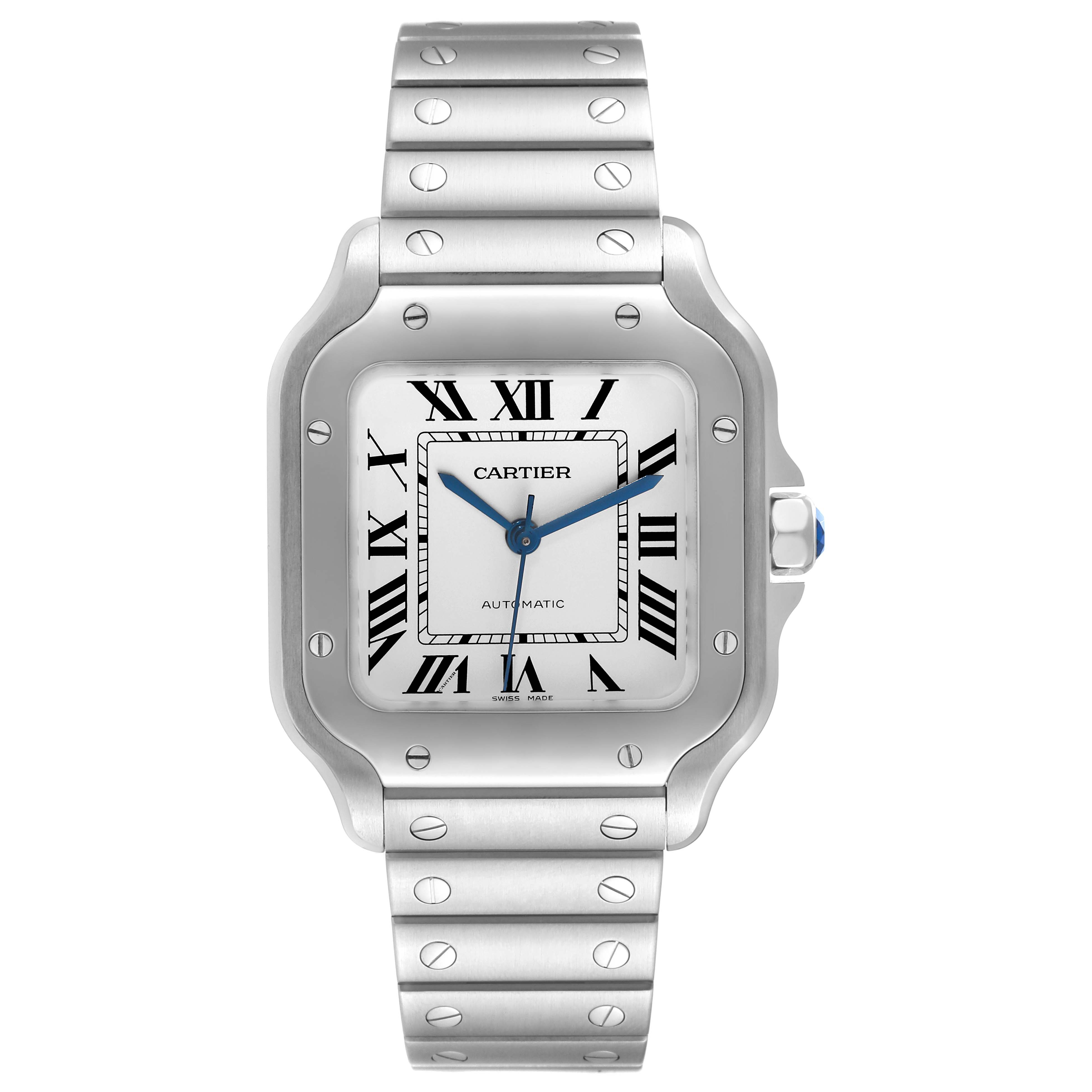 The image shows the front view of a Cartier Santos WSSA0010 Men's Stainless Steel Silver Dial WSSA0010 Men's Stainless Steel Silver Dial watch, highlighting the face, bezel, and bracelet.
