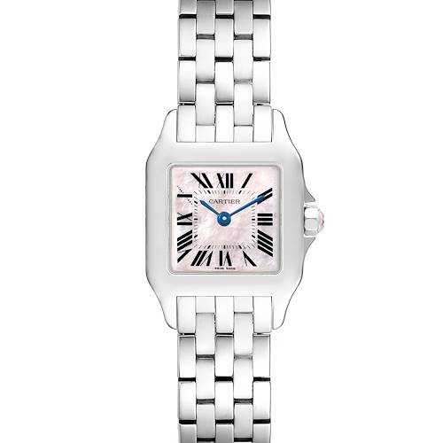 The Cartier Santos Demoiselle W25075Z5 Women's Stainless Steel Mother of Pearl Dial watch is shown from a front angle, highlighting the bracelet, square dial, and crown.