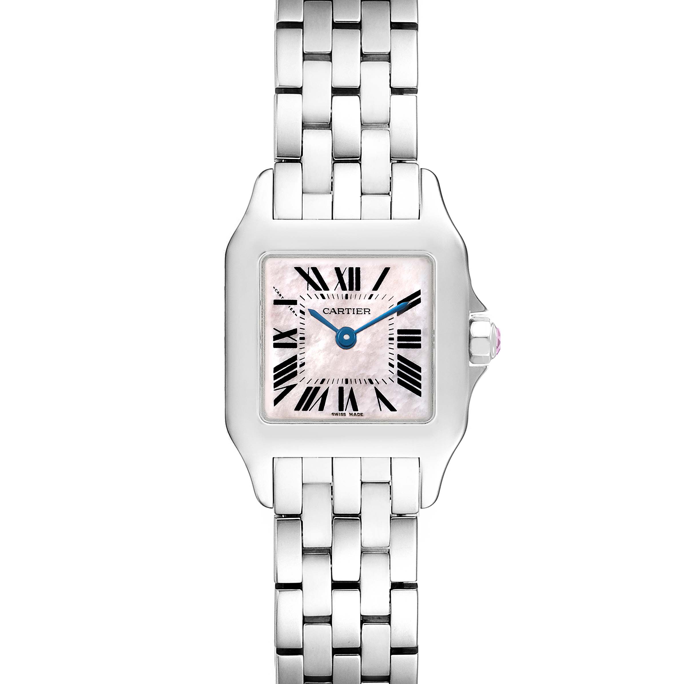 The Cartier Santos Demoiselle W25075Z5 Women's Stainless Steel Mother of Pearl Dial watch is shown from the front, highlighting its square dial, Roman numerals, and metal bracelet.