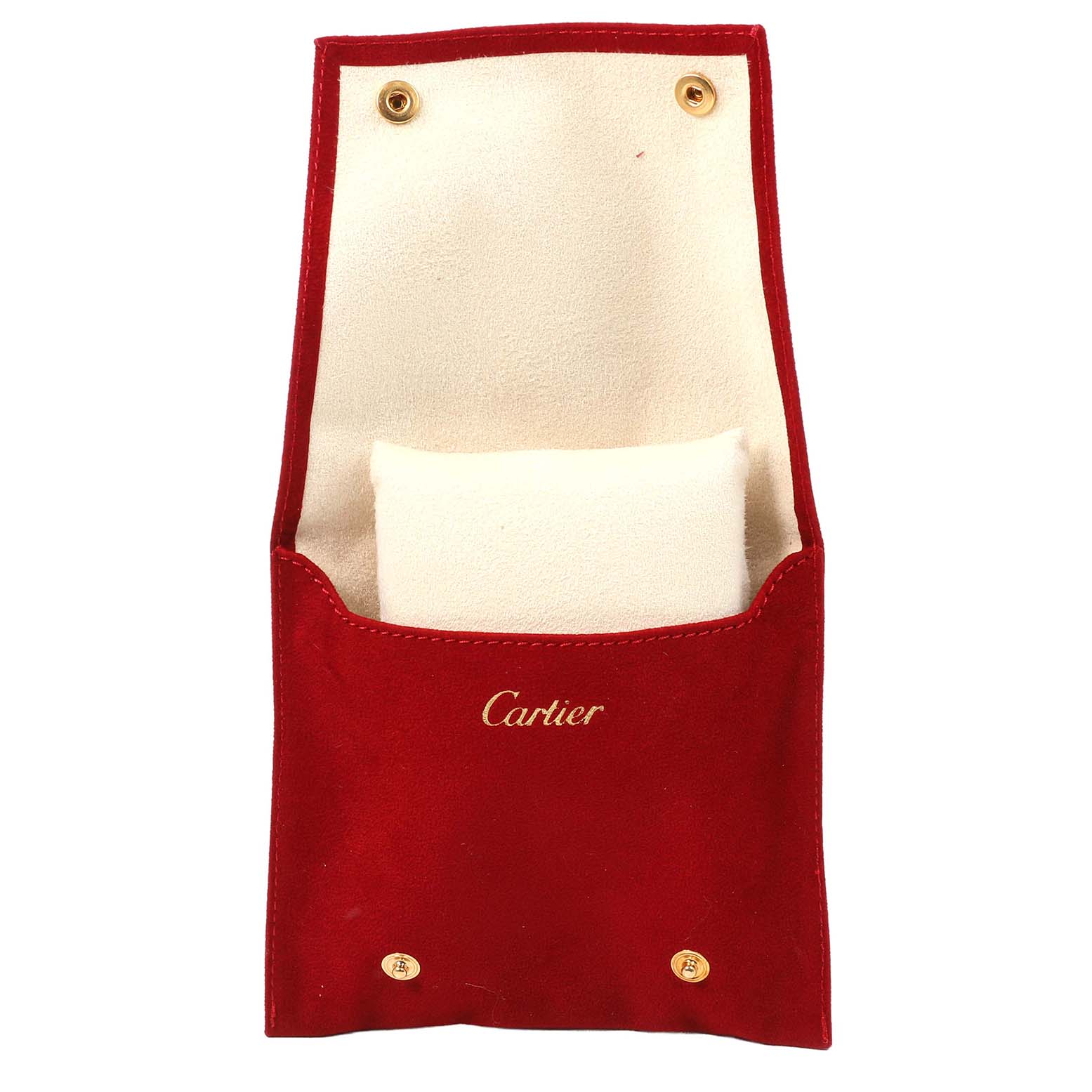 The image shows the open red pouch for the Cartier Santos Demoiselle W25075Z5 Women's Stainless Steel Mother of Pearl Dial model, featuring the brand name and buttons.