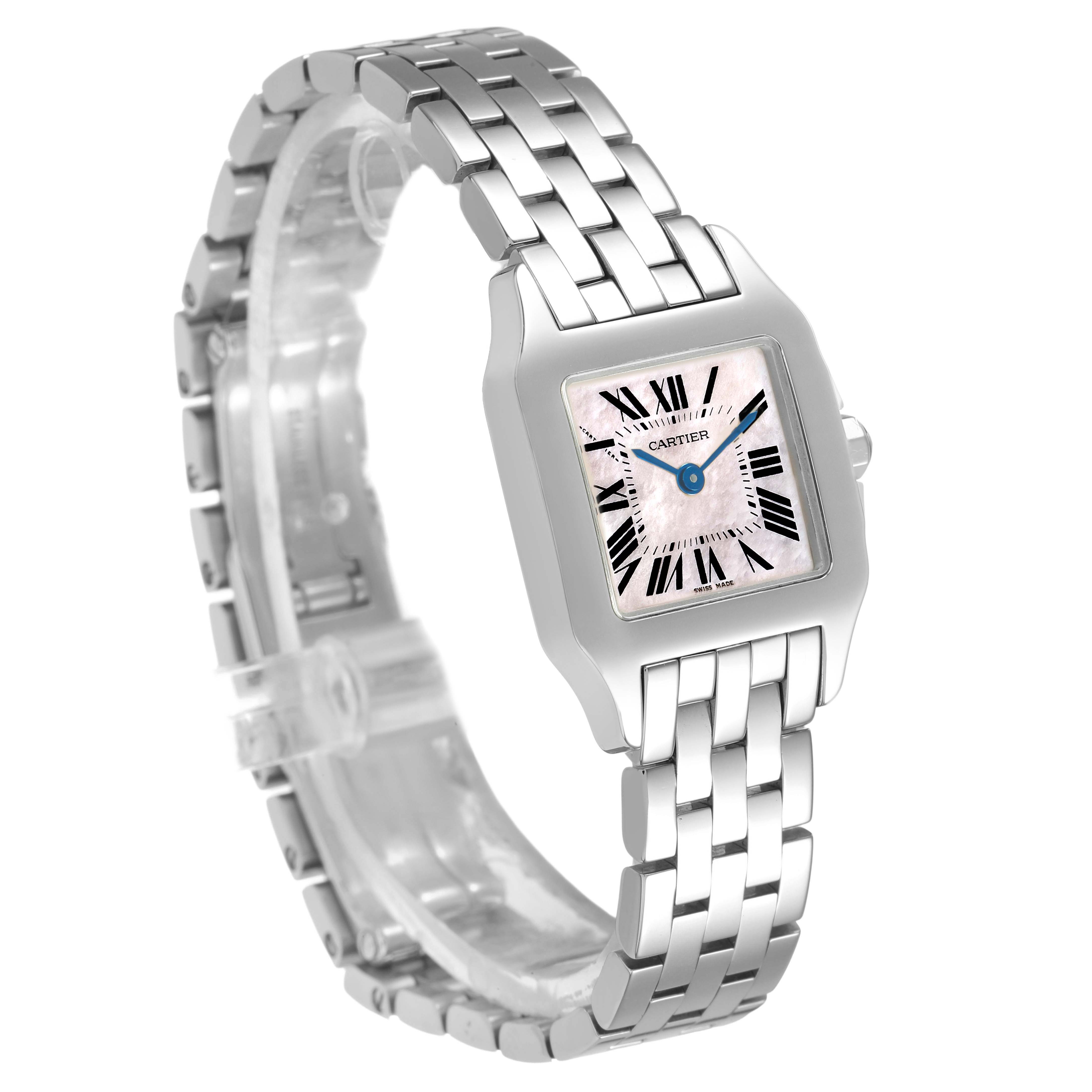The Cartier Santos Demoiselle W25075Z5 Women's Stainless Steel Mother of Pearl Dial watch is shown from a side-front angle, highlighting its square face, Roman numerals, and metal bracelet.