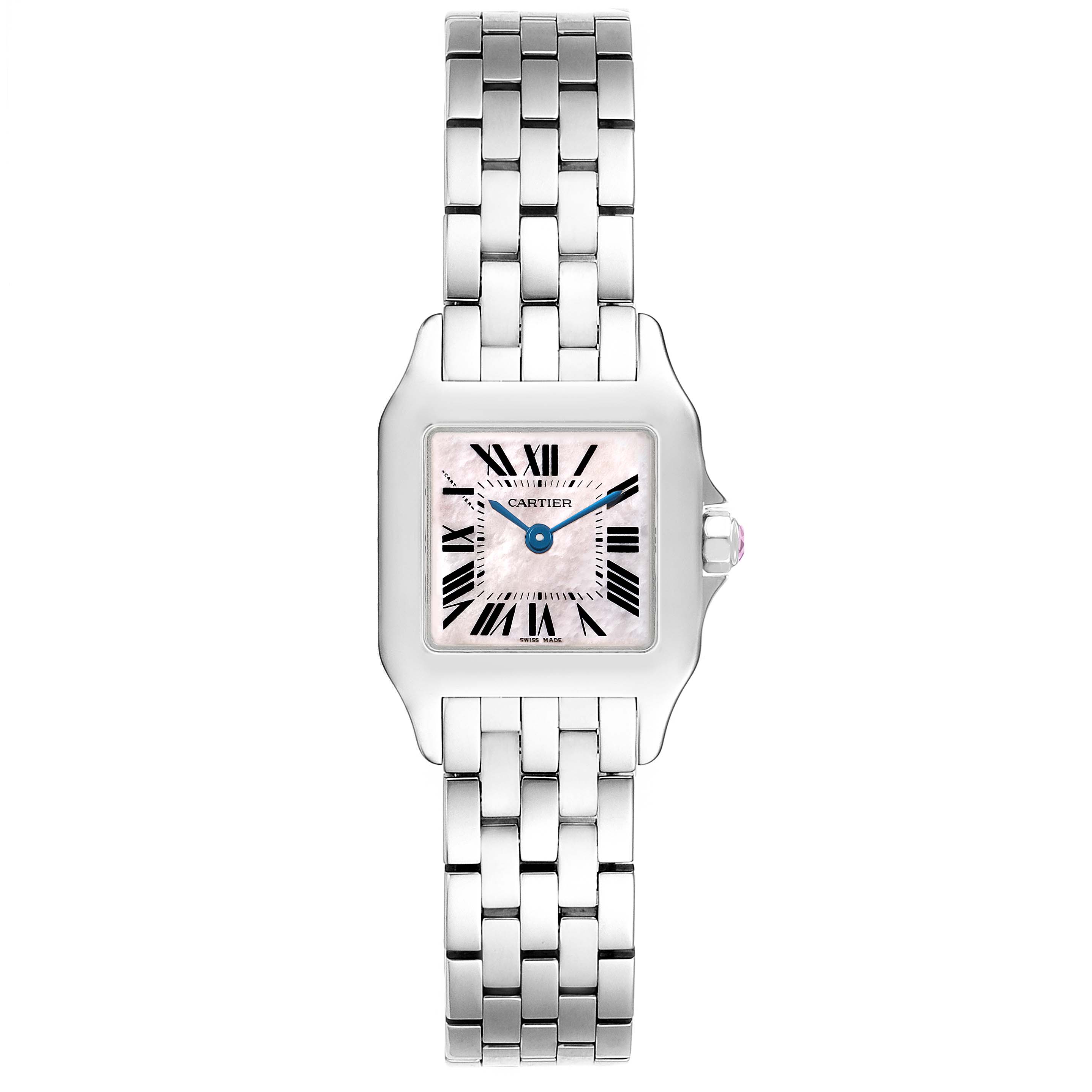 The Cartier Santos Demoiselle W25075Z5 Women's Stainless Steel Mother of Pearl Dial watch is shown from a top-down angle, displaying the face, bracelet, and crown.