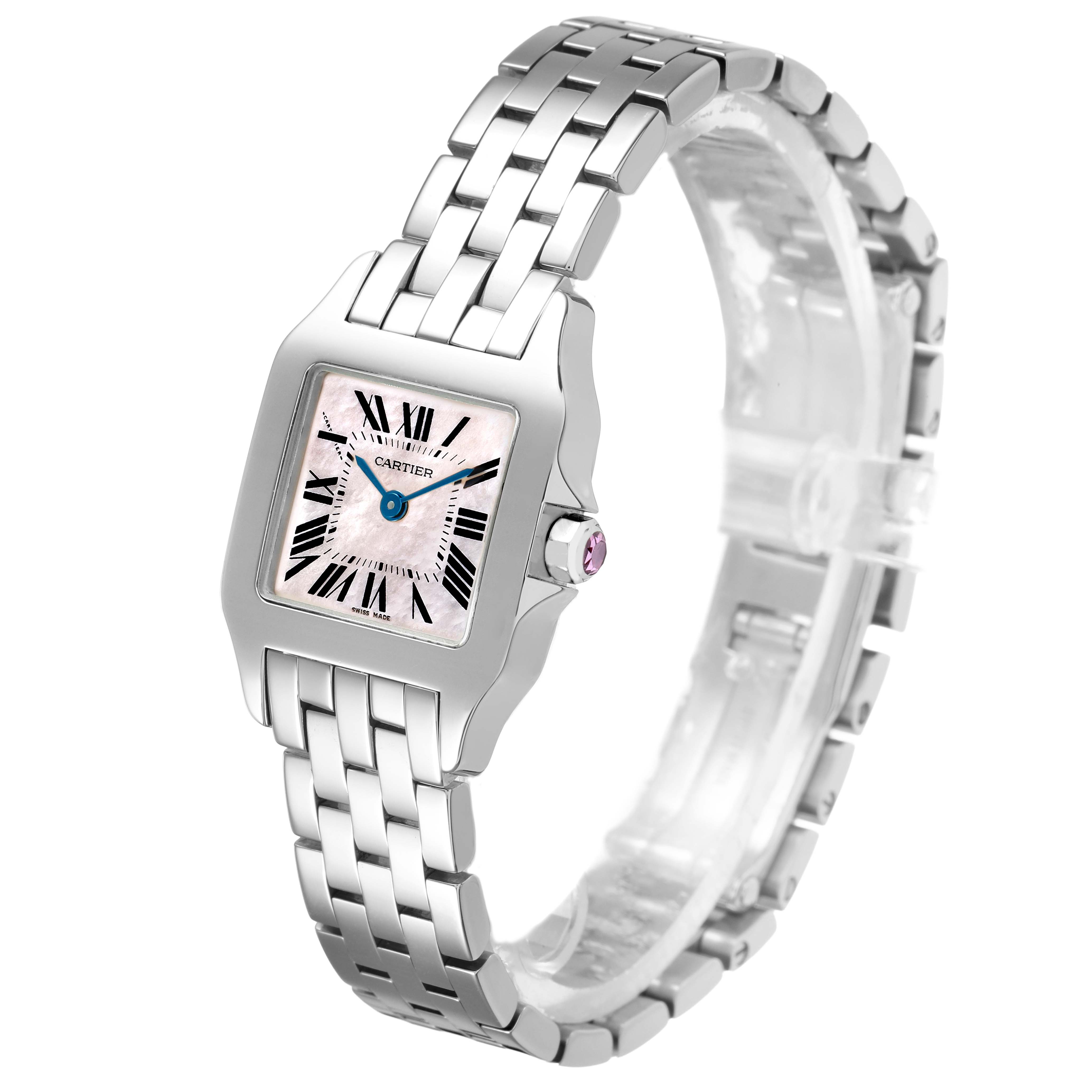 The Cartier Santos Demoiselle W25075Z5 Women's Stainless Steel Mother of Pearl Dial watch is shown from a slight angle, highlighting the face, bracelet, and side crown with a gemstone.