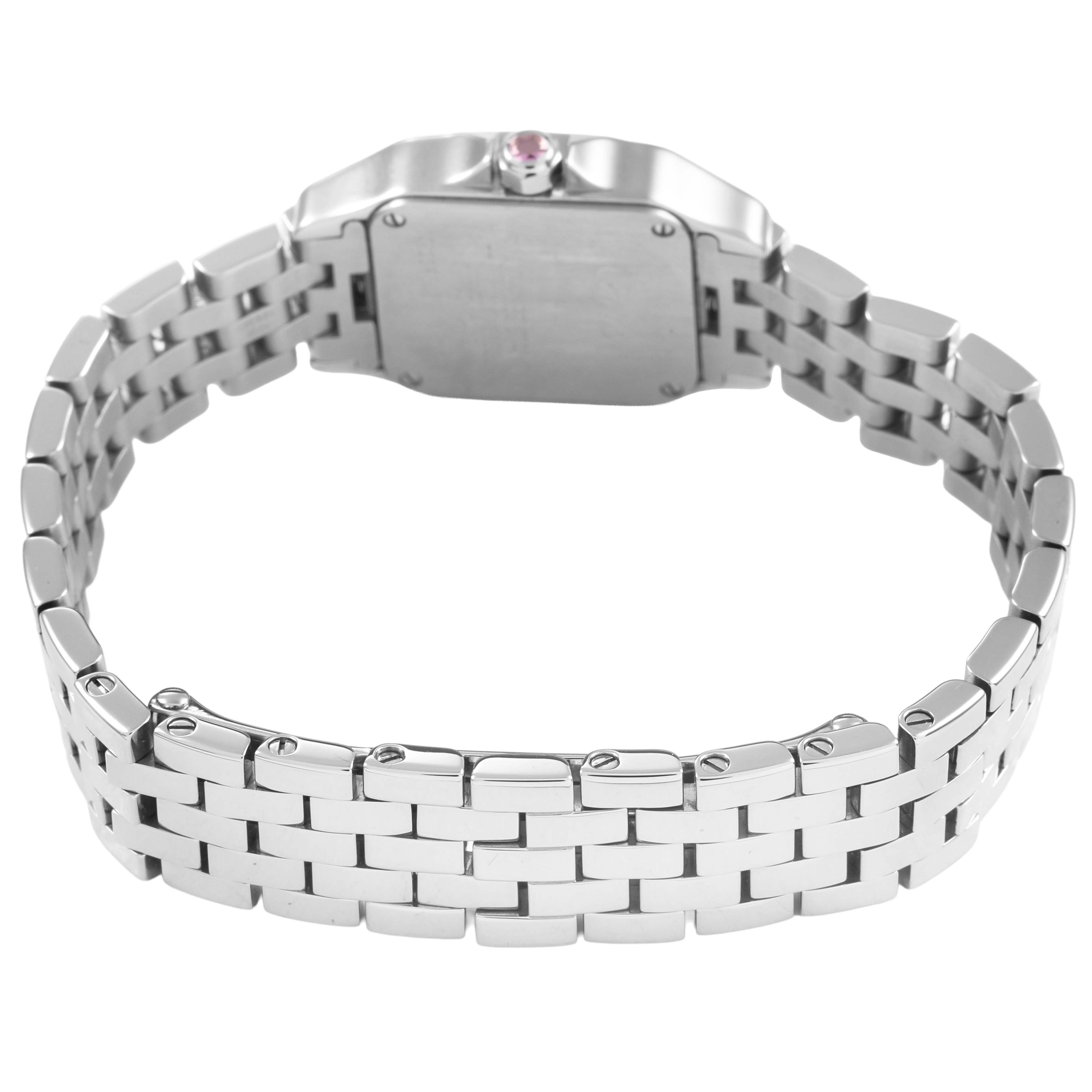 The image shows the back view of the Cartier Santos Demoiselle W25075Z5 Women's Stainless Steel Mother of Pearl Dial watch, highlighting the bracelet and case back.