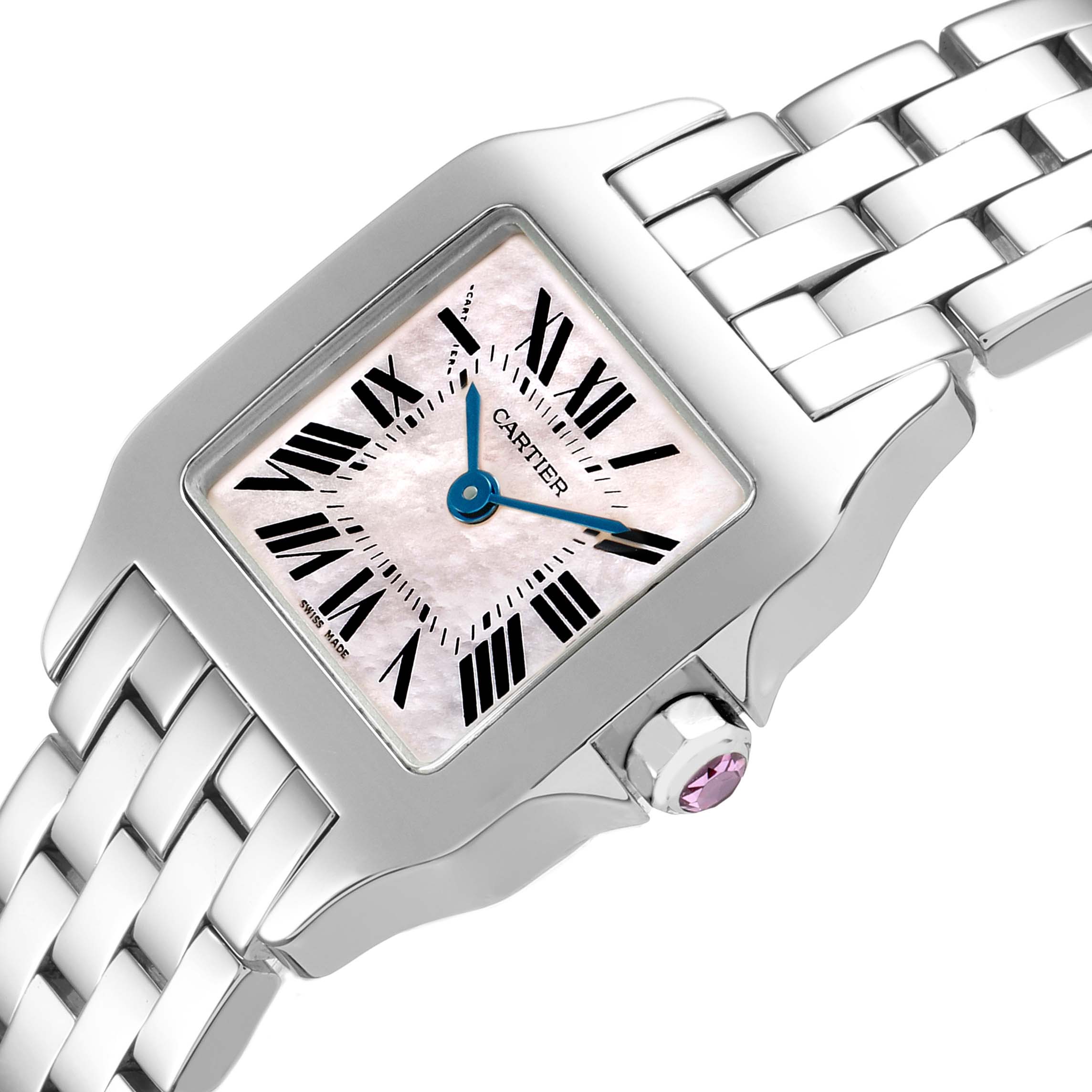 The image shows a close-up of the Cartier Santos Demoiselle W25075Z5 Women's Stainless Steel Mother of Pearl Dial watch, highlighting the face, Roman numerals, and linked band.