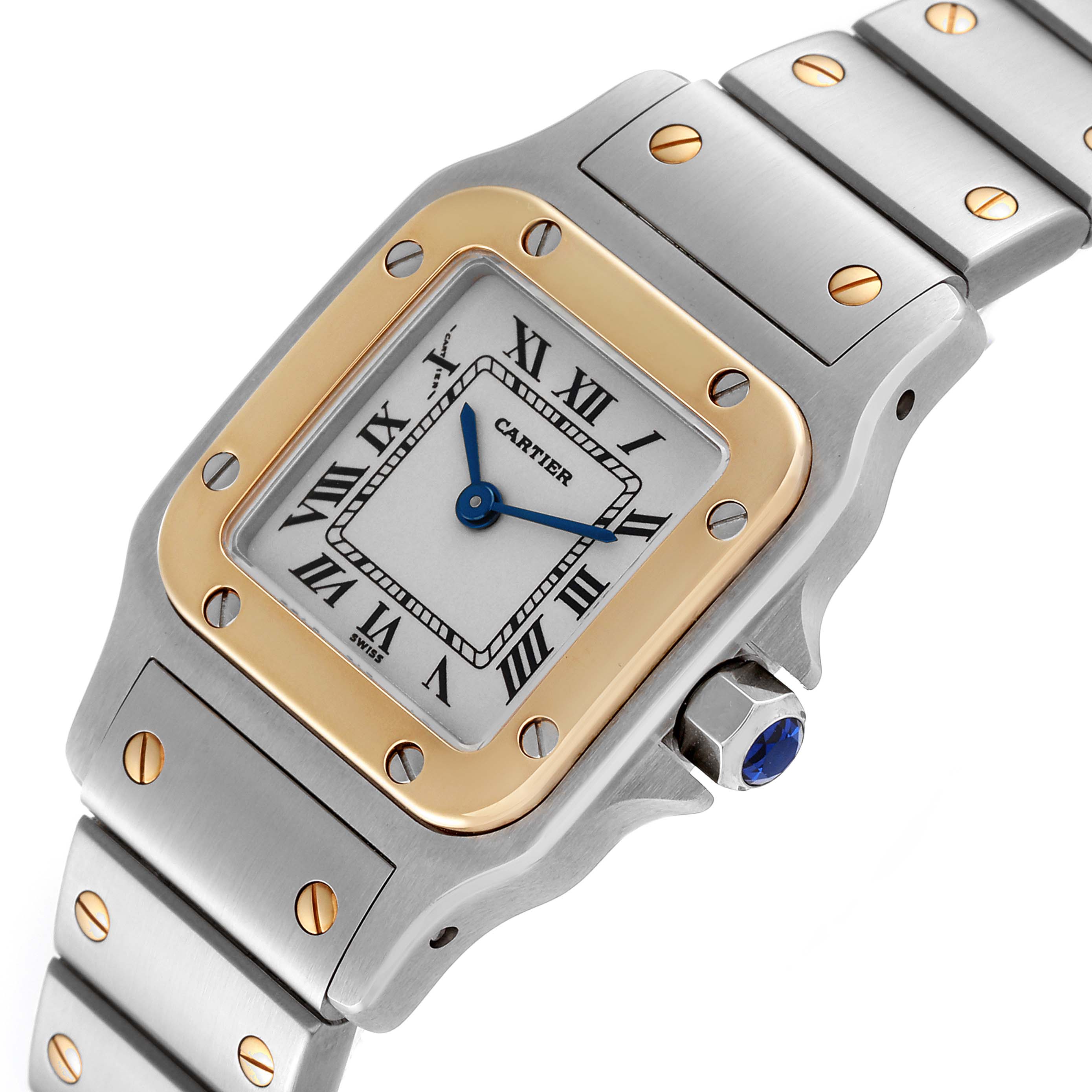 This image shows a close-up angle of a Cartier Santos W20012C4 Women's Steel and Gold (two tone) Silver Dial W20012C4 Women's Steel and Gold (two tone) Silver Dial watch, featuring its face, bezel, and part of the bracelet.