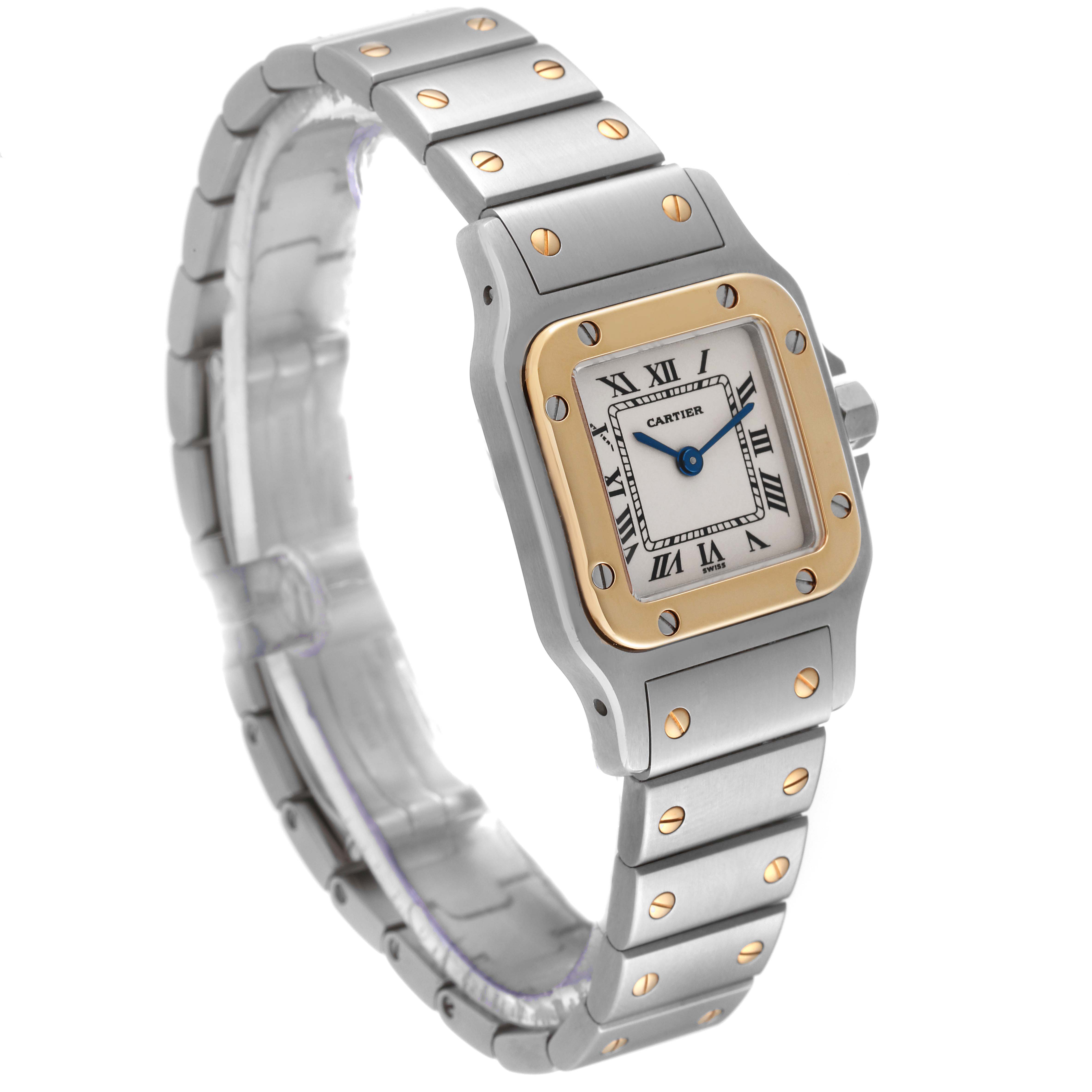 This Cartier Santos W20012C4 Women's Steel and Gold (two tone) Silver Dial W20012C4 Women's Steel and Gold (two tone) Silver Dial watch is viewed at a slight angle, showcasing its face, bezel, bracelet, and crown.