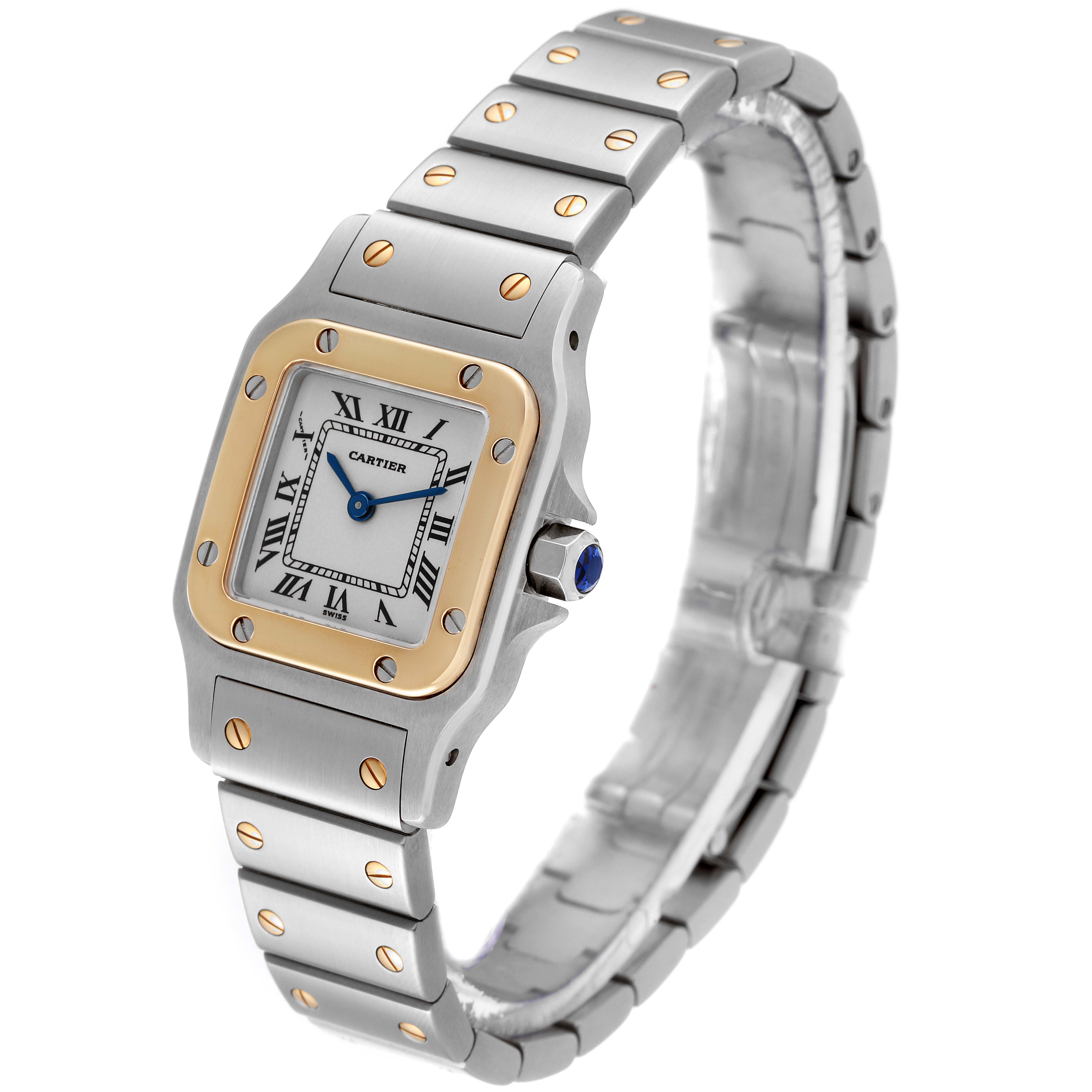 This is a front-side angle of the Cartier Santos W20012C4 Women's Steel and Gold (two tone) Silver Dial W20012C4 Women's Steel and Gold (two tone) Silver Dial watch, showing the face, bracelet, and crown.