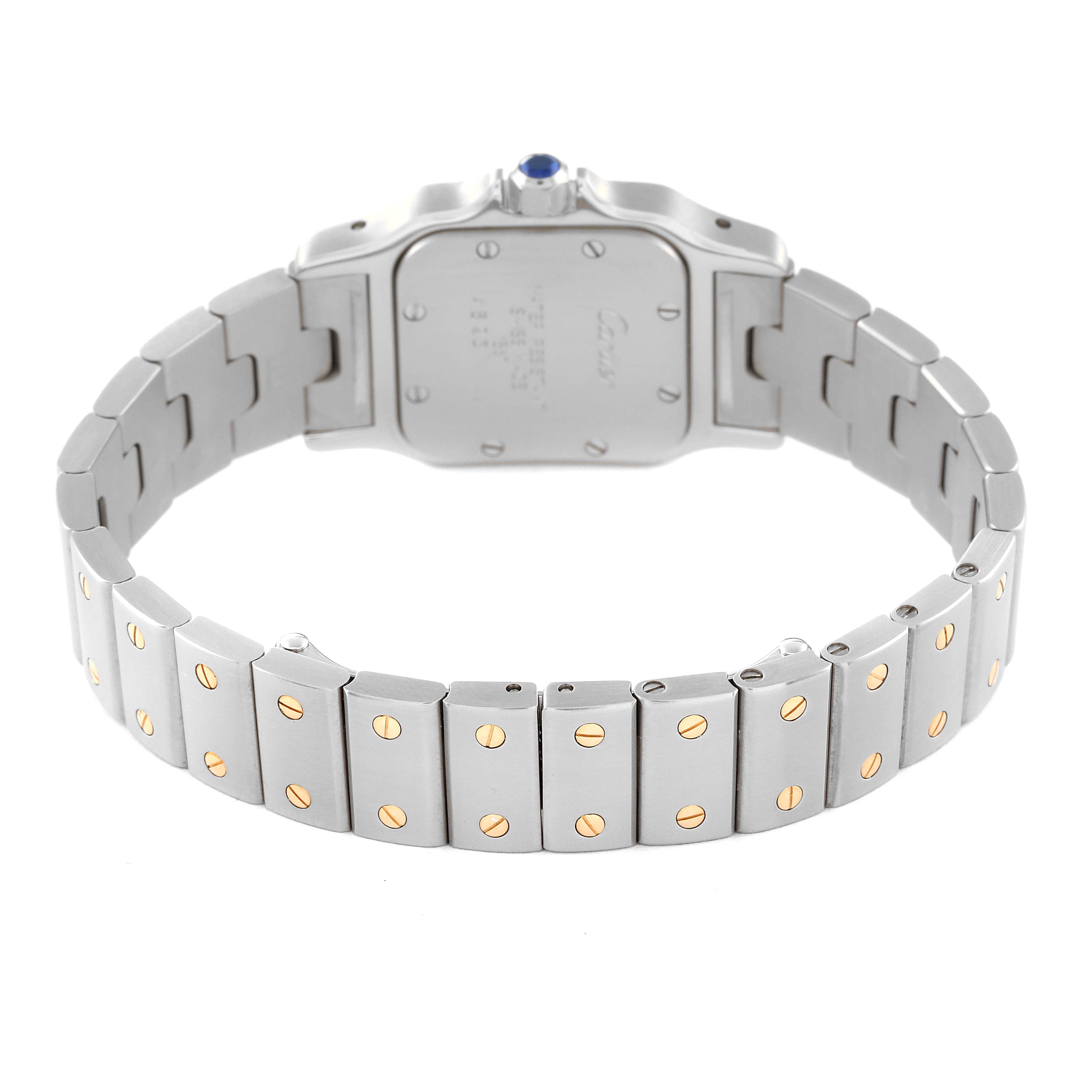 The image shows the back case and bracelet of a Cartier Santos W20012C4 Women's Steel and Gold (two tone) Silver Dial W20012C4 Women's Steel and Gold (two tone) Silver Dial watch, highlighting its clasp and link design.