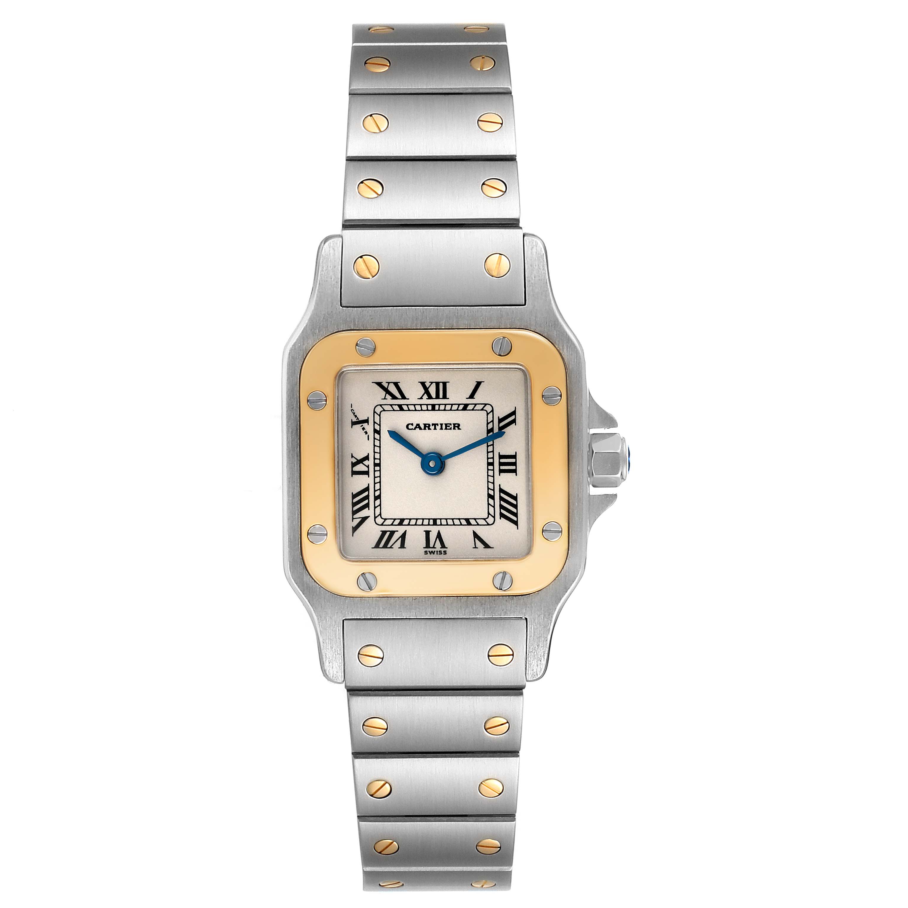 The Cartier Santos W20012C4 Women's Steel and Gold (two tone) Silver Dial W20012C4 Women's Steel and Gold (two tone) Silver Dial watch is displayed from a top-down angle, showing the face, bezel, and bracelet details.