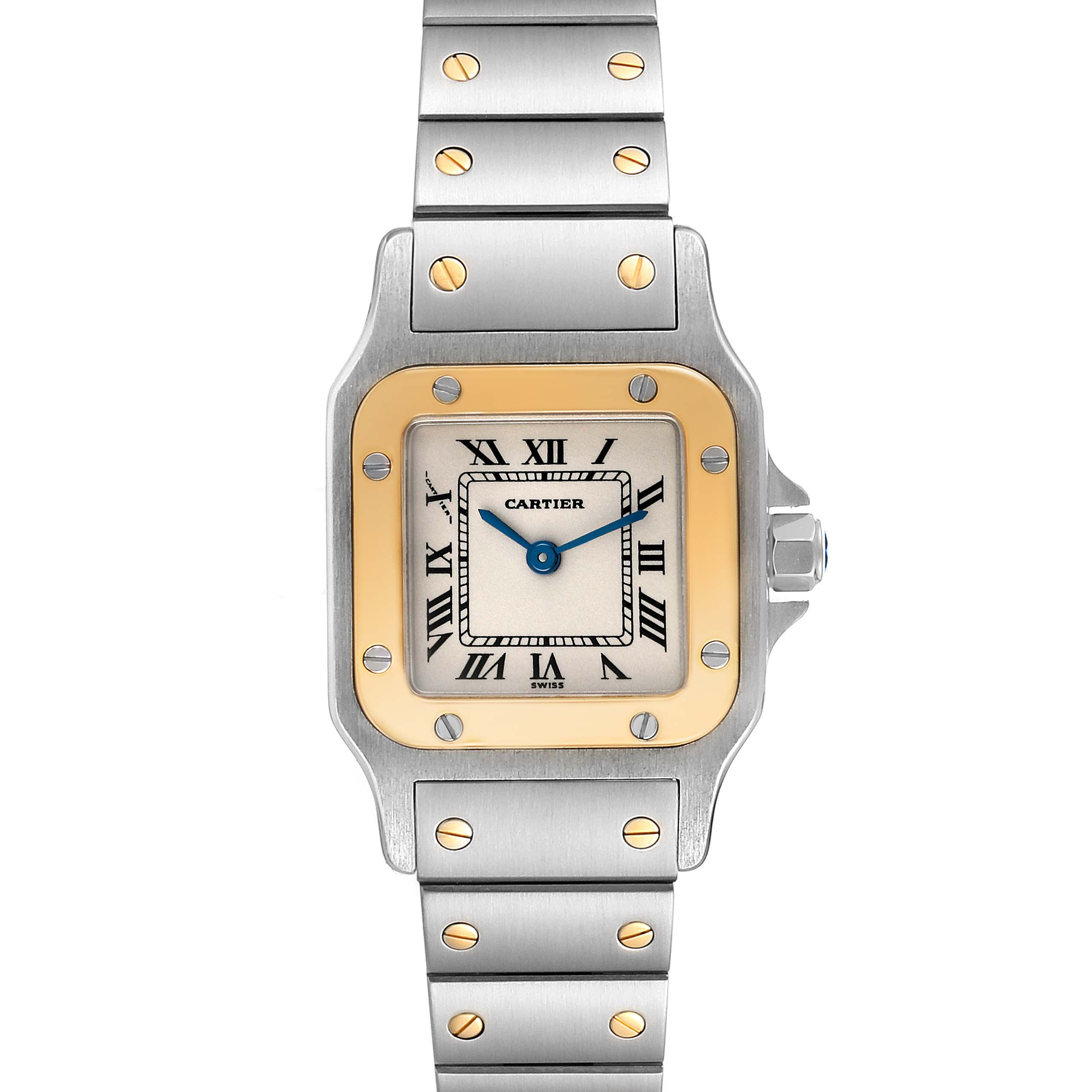 This image shows a Cartier Santos W20012C4 Women's Steel and Gold (two tone) Silver Dial W20012C4 Women's Steel and Gold (two tone) Silver Dial watch from a front view, showcasing its face, bezel, bracelet, and crown.