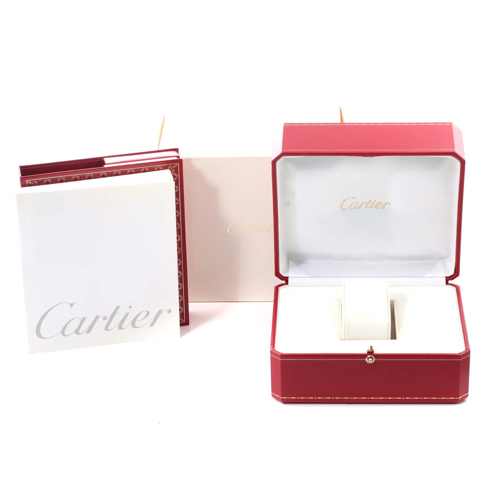 The image shows an open red Cartier Santos W20012C4 Women's Steel and Gold (two tone) Silver Dial W20012C4 Women's Steel and Gold (two tone) Silver Dial watch box with accompanying cards and packaging materials.