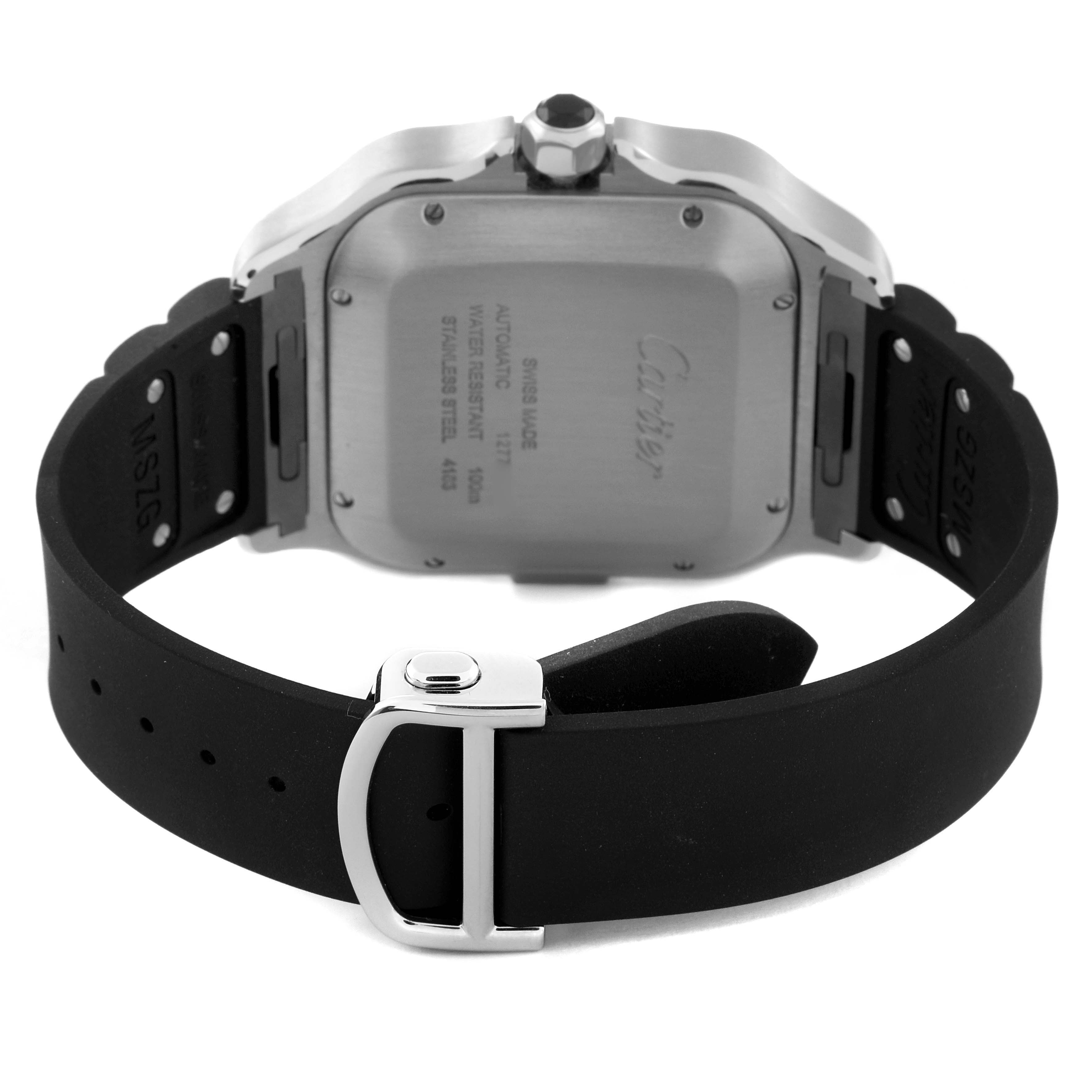 This image shows the back case and band of a Santos by Cartier watch, featuring a stainless steel buckle and rubber strap.