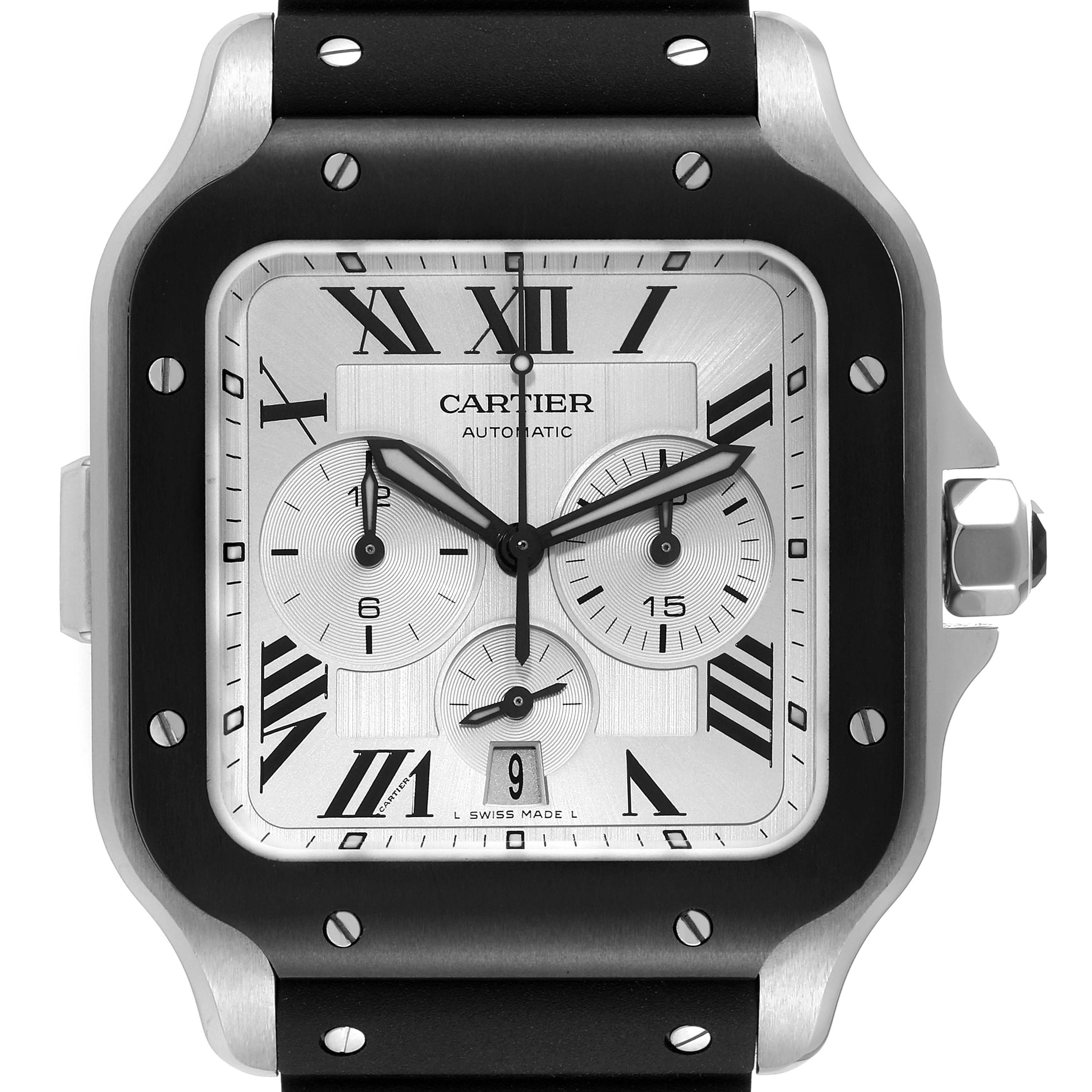 This image shows a close-up of the Cartier Santos WSSA0017 Men's Stainless Steel Silver Dial WSSA0017 Men's Stainless Steel Silver Dial watch face, highlighting its dial, hands, sub-dials, and bezel.