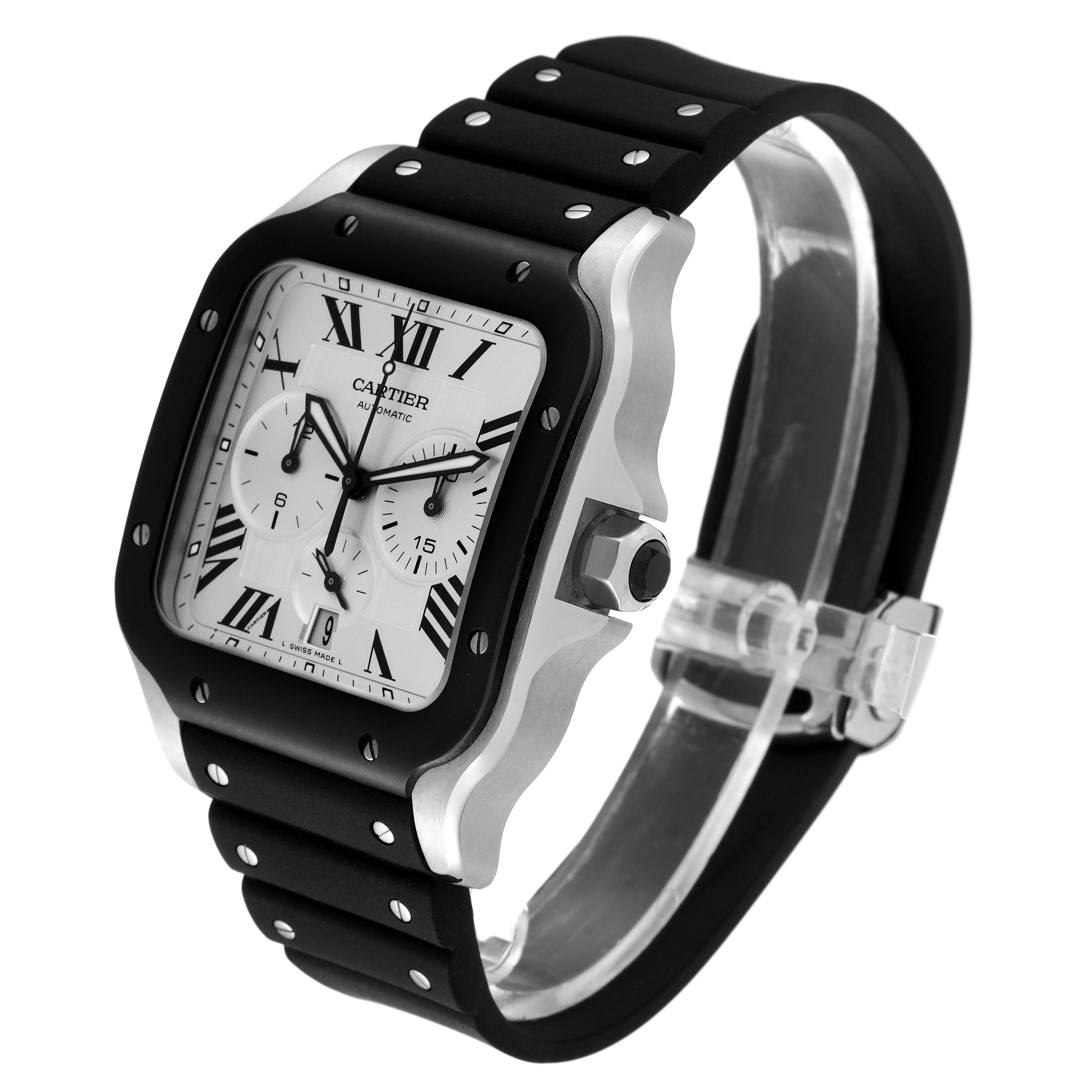 This Cartier Santos WSSA0017 Men's Stainless Steel Silver Dial WSSA0017 Men's Stainless Steel Silver Dial watch is shown at an angle, displaying the face, bezel, crown, and strap.