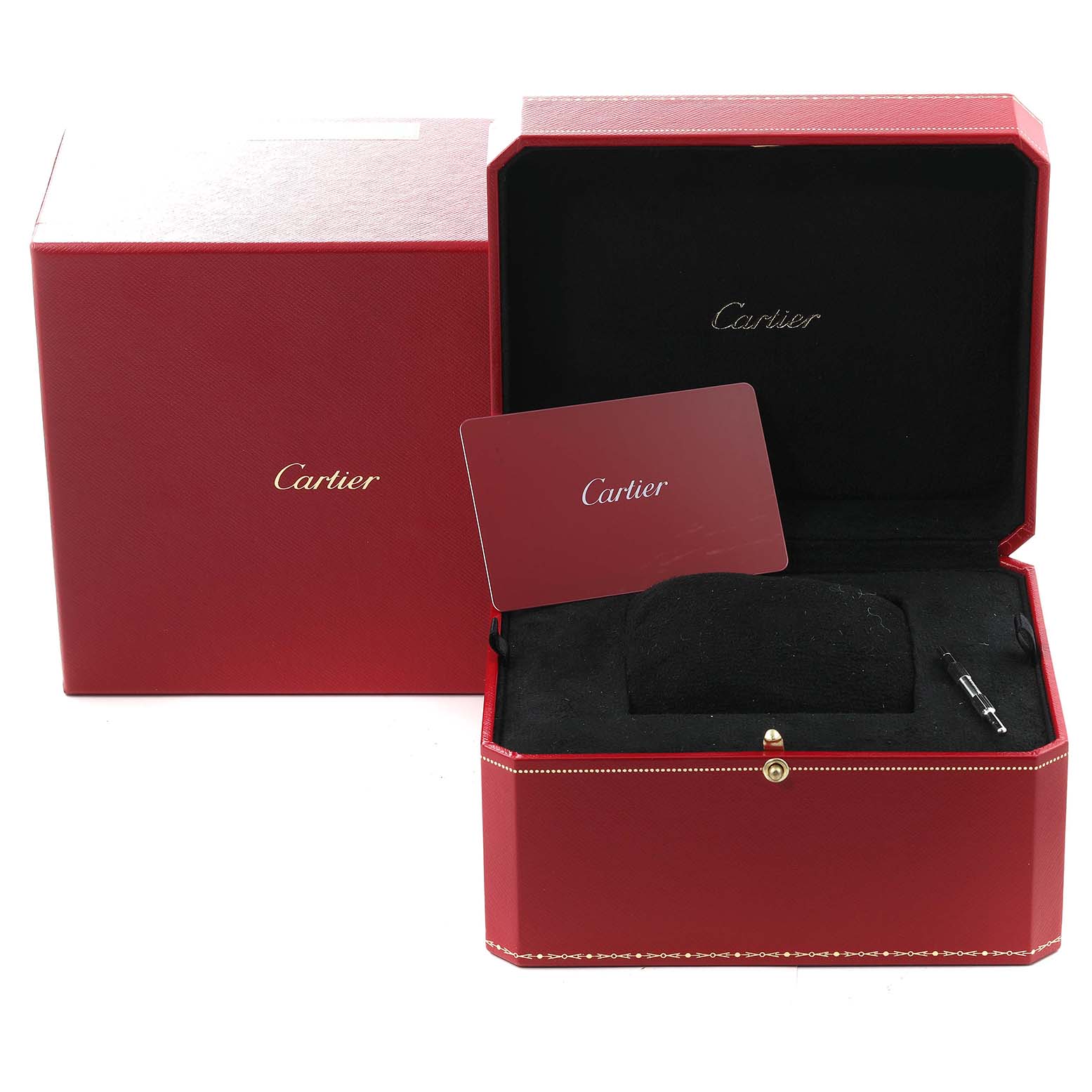 The image shows an open red Cartier Santos WSSA0017 Men's Stainless Steel Silver Dial WSSA0017 Men's Stainless Steel Silver Dial watch box with a warranty card and a red outer box.