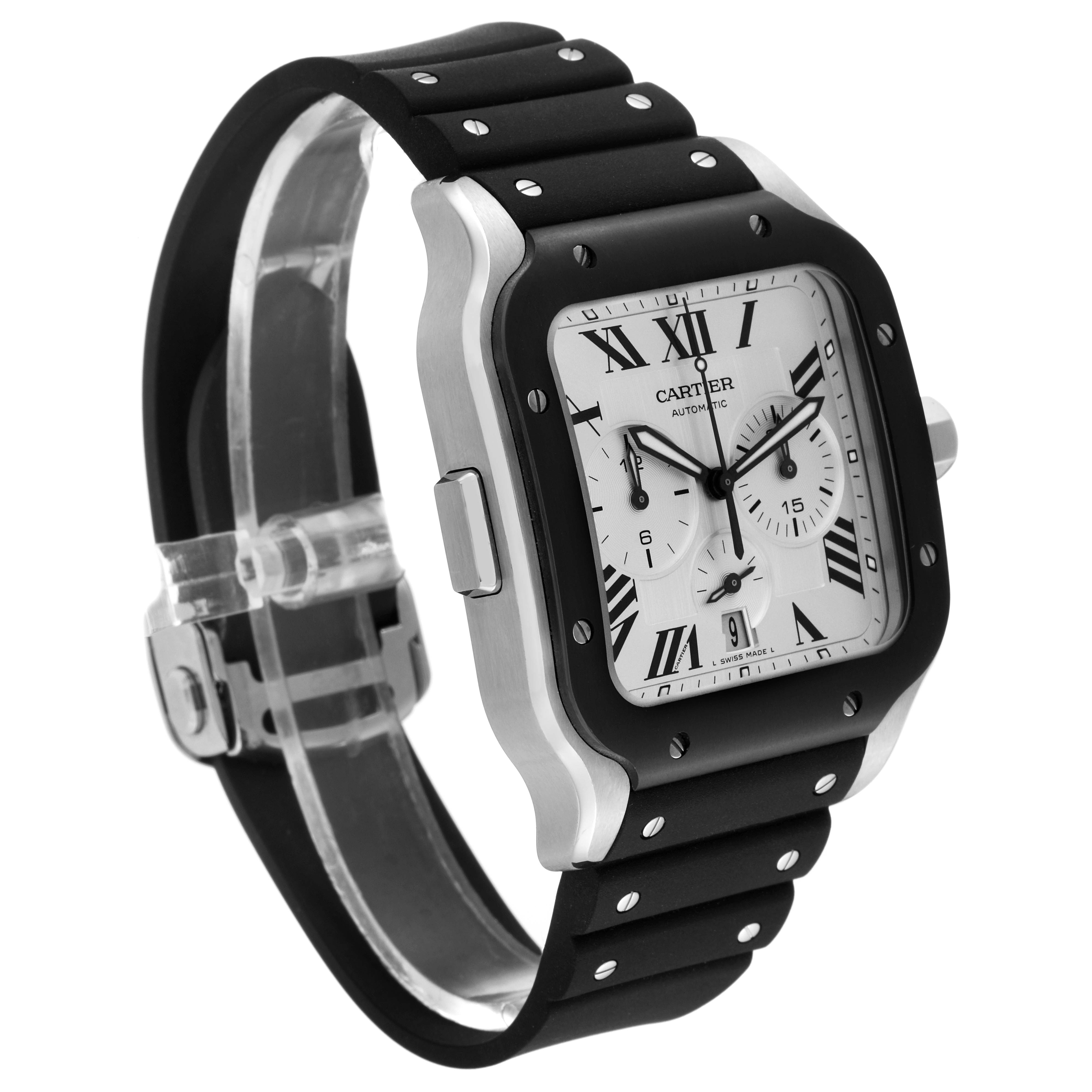 The Santos model by Cartier is shown at a slight angle, displaying the face, bezel, crown, and strap.