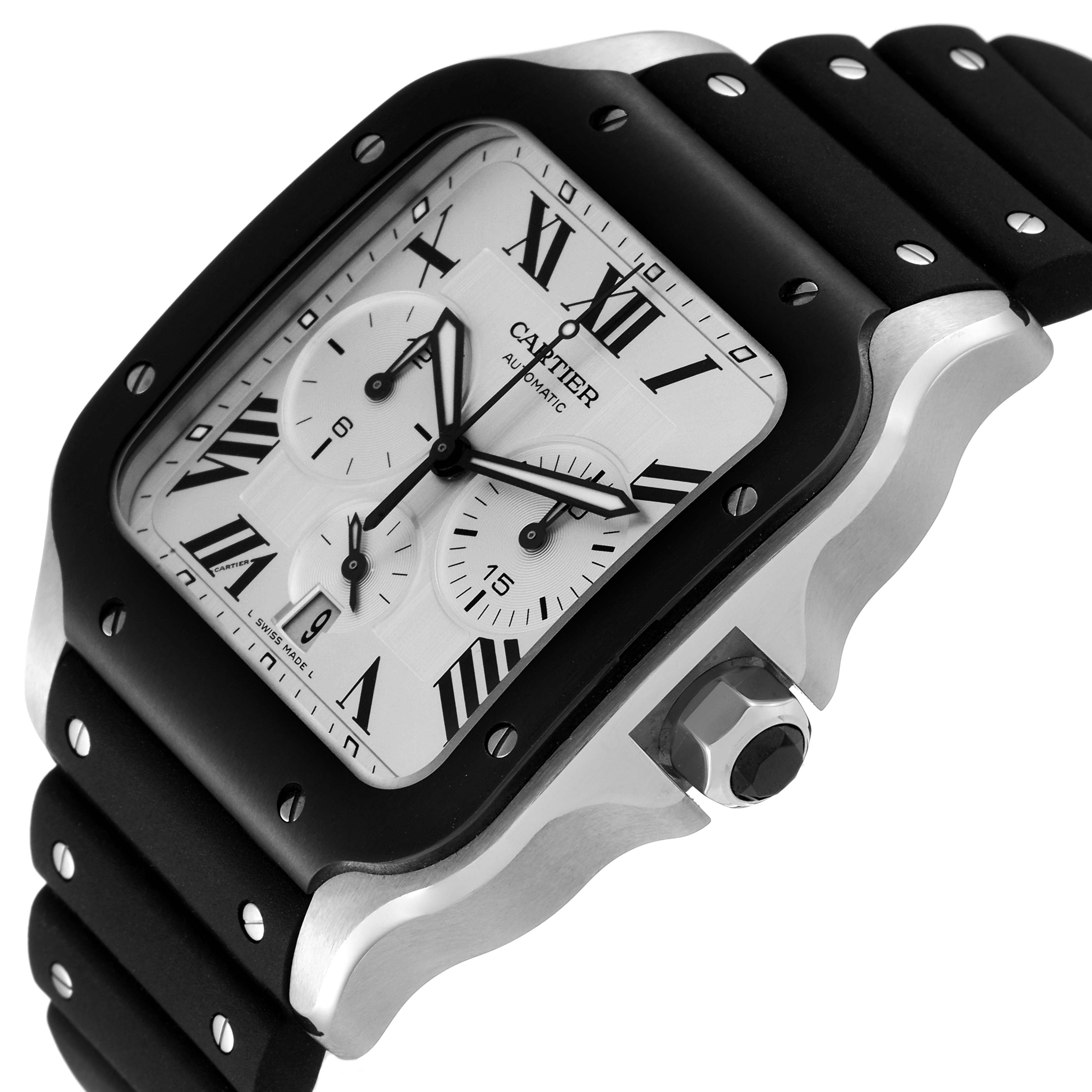 The Cartier Santos WSSA0017 Men's Stainless Steel Silver Dial WSSA0017 Men's Stainless Steel Silver Dial watch is shown at an angled front view, displaying its face, bezel, crown, and part of the strap.