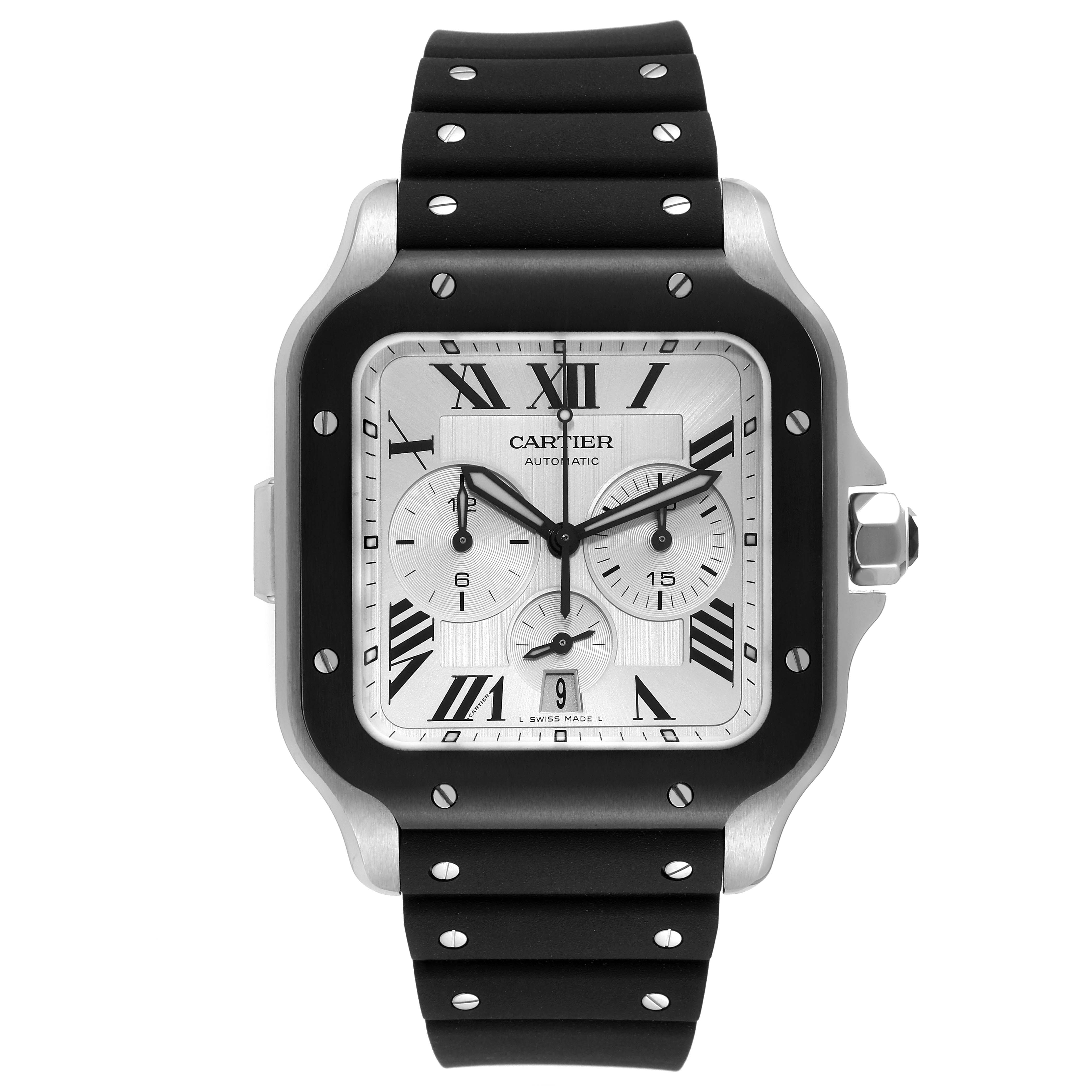 The image shows a front view of a Cartier Santos WSSA0017 Men's Stainless Steel Silver Dial WSSA0017 Men's Stainless Steel Silver Dial watch with a black strap and a white dial.