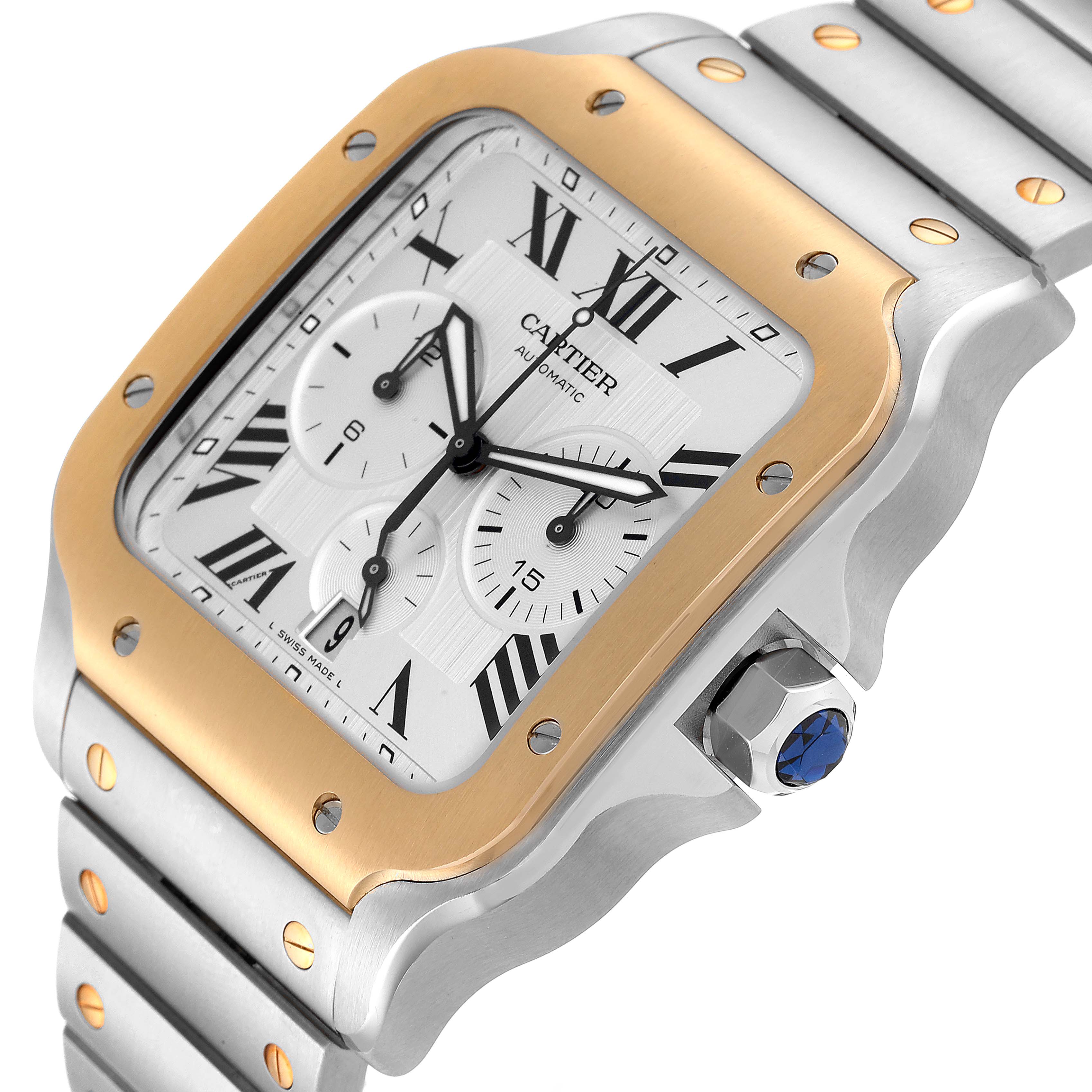 The image shows a close-up of the Cartier Santos W2SA0008 Men's Steel and Gold (two tone) Silver Dial W2SA0008 Men's Steel and Gold (two tone) Silver Dial watch face and part of the metal band, highlighting its dials and bezel.