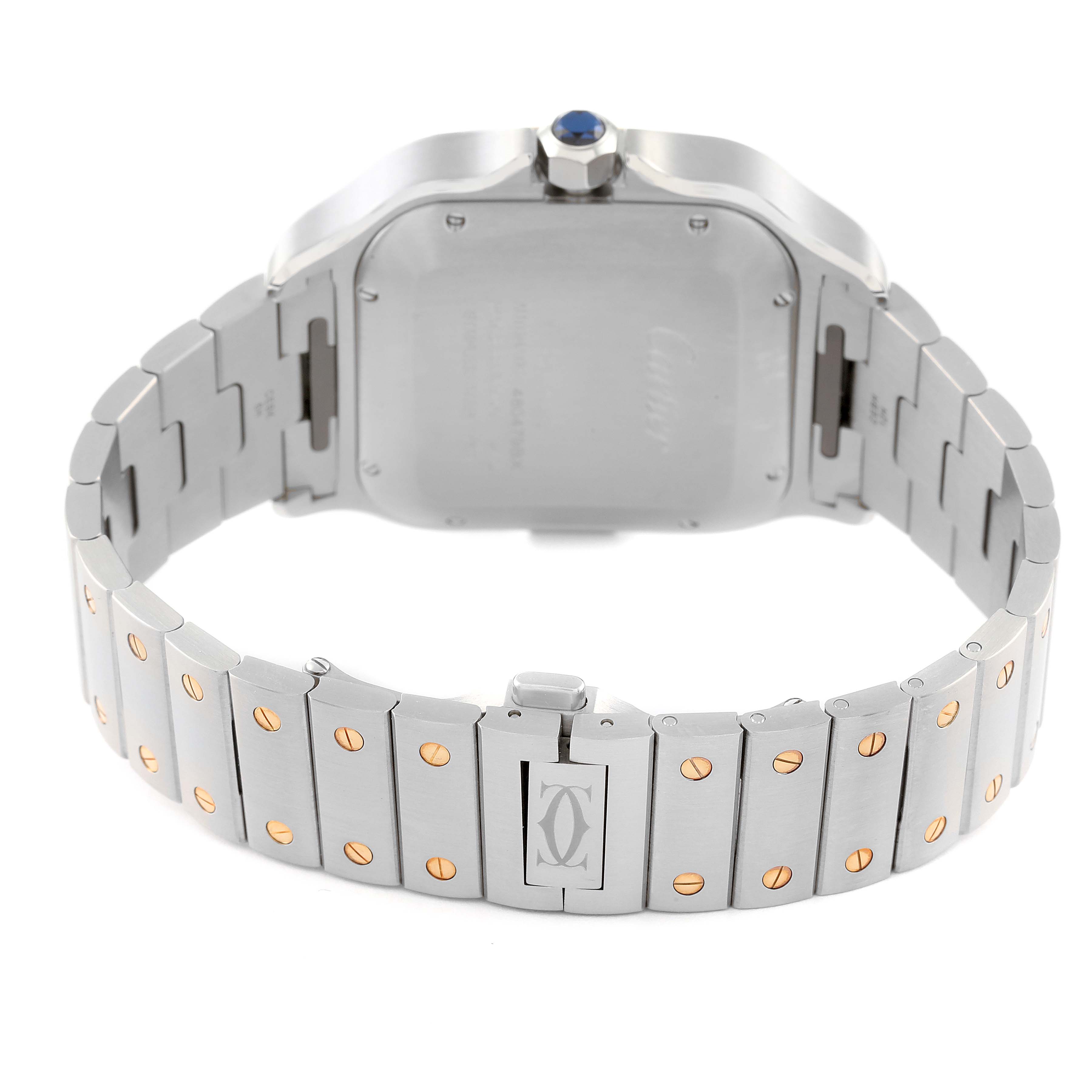 This image shows the back case and bracelet of the Cartier Santos W2SA0008 Men's Steel and Gold (two tone) Silver Dial W2SA0008 Men's Steel and Gold (two tone) Silver Dial watch, highlighting the metal links and distinctive screws.