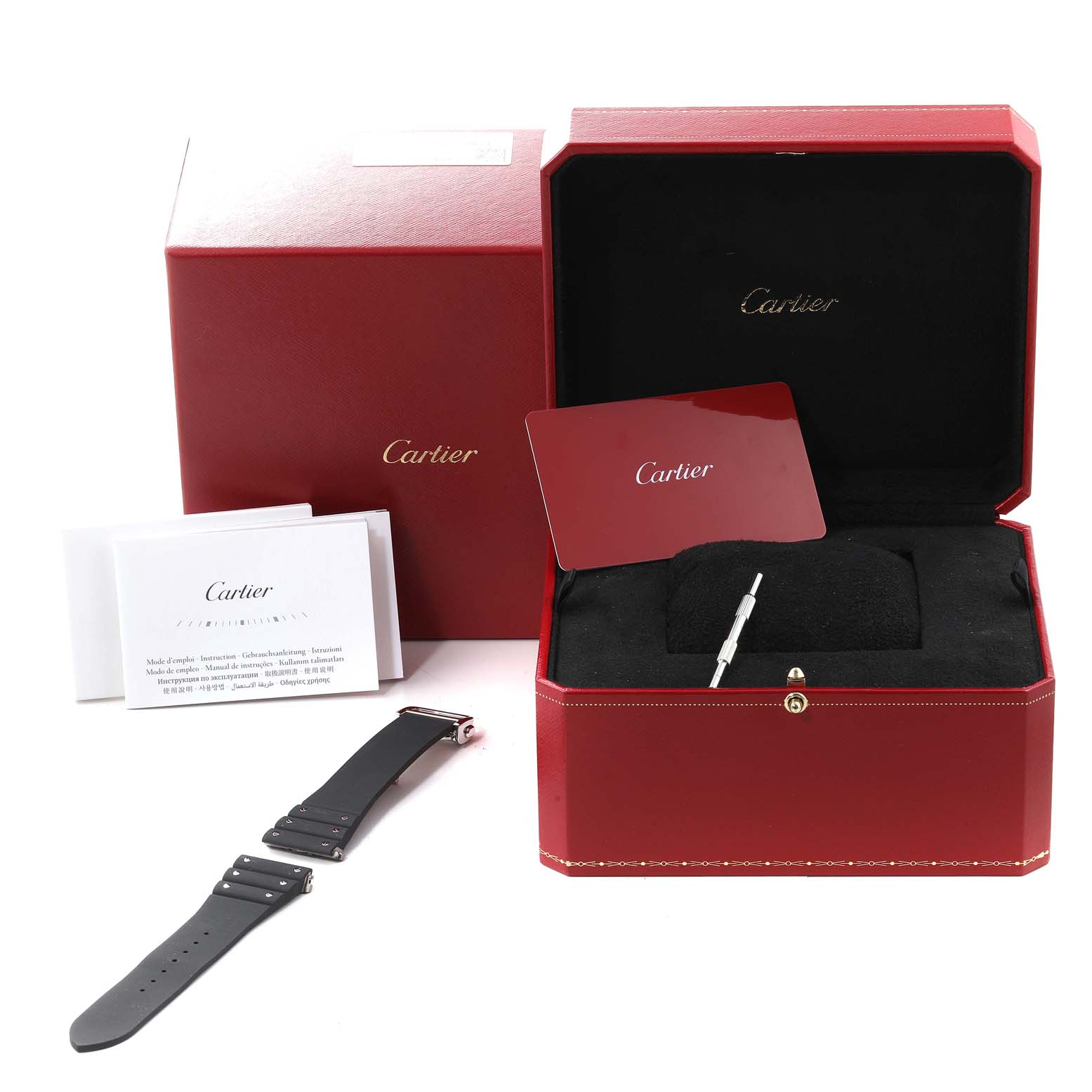 The image shows a Cartier Santos W2SA0008 Men's Steel and Gold (two tone) Silver Dial W2SA0008 Men's Steel and Gold (two tone) Silver Dial watch box, a spare strap, a tool, a card, and manuals.