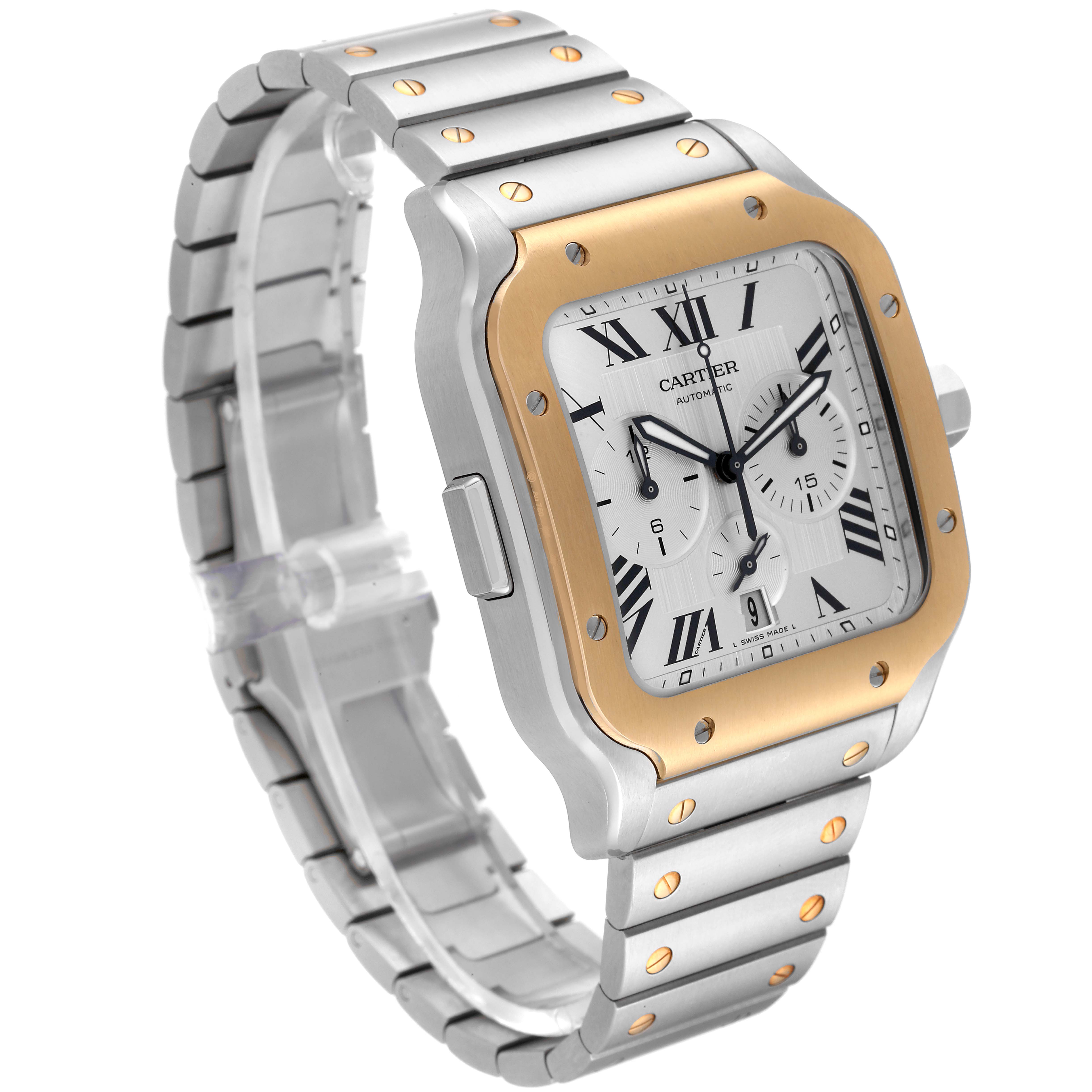 The image shows a Cartier Santos W2SA0008 Men's Steel and Gold (two tone) Silver Dial W2SA0008 Men's Steel and Gold (two tone) Silver Dial watch at a three-quarter angle, highlighting its face, bracelet, and bezel with gold accents.