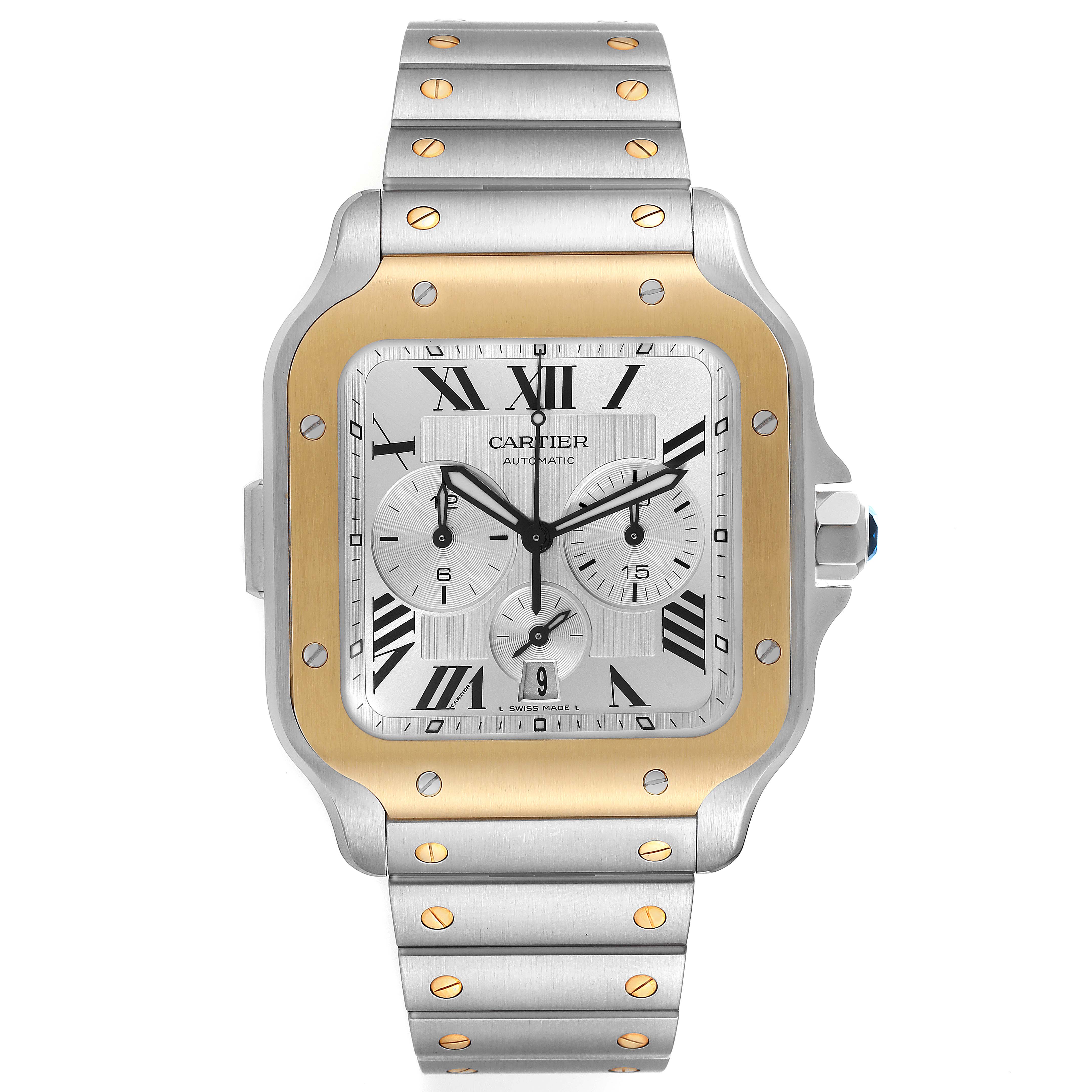 This image shows a front view of a Cartier Santos W2SA0008 Men's Steel and Gold (two tone) Silver Dial W2SA0008 Men's Steel and Gold (two tone) Silver Dial watch, highlighting the dial, bezel, and bracelet.