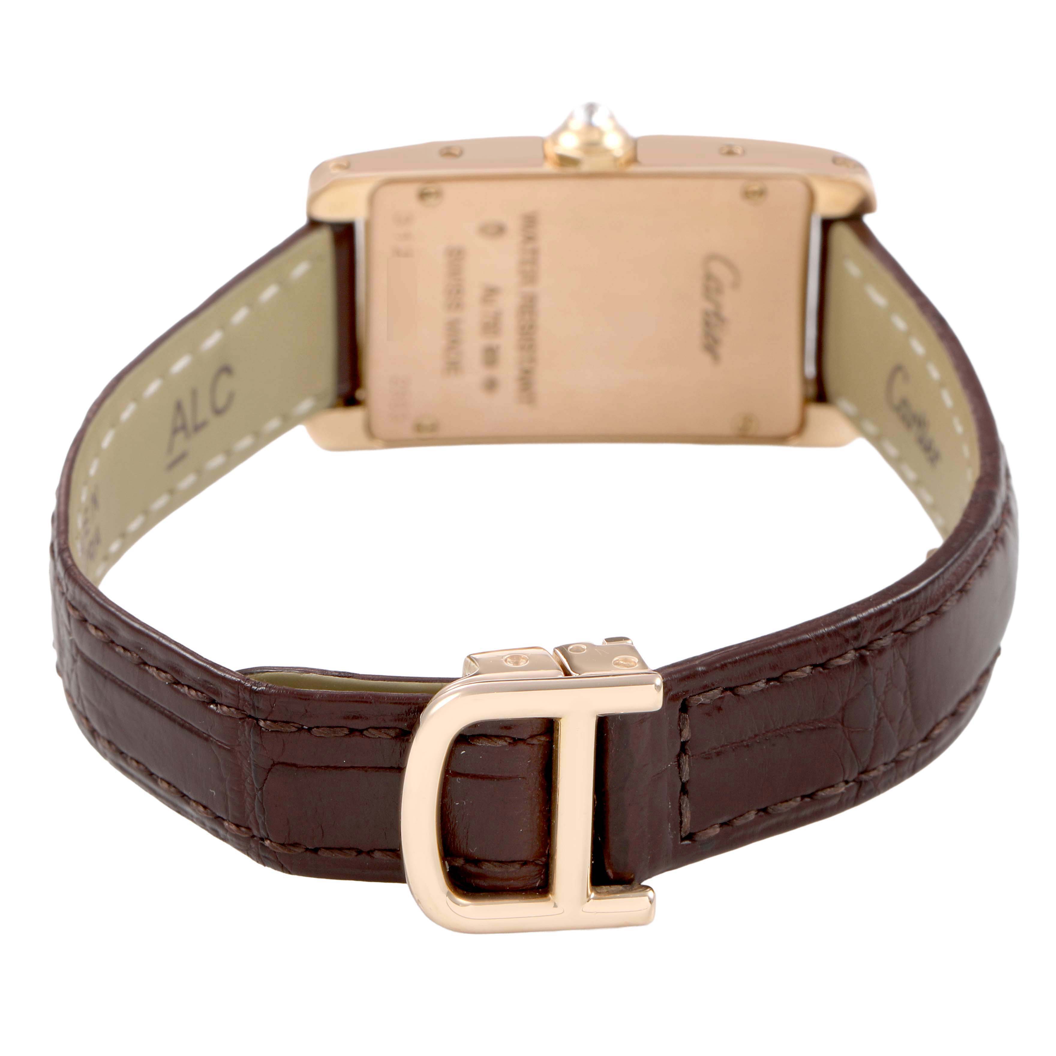The image shows the back of the Cartier Tank Americaine WJTA0002 Women's Rose Gold Silver Dial, highlighting the clasp and case back.