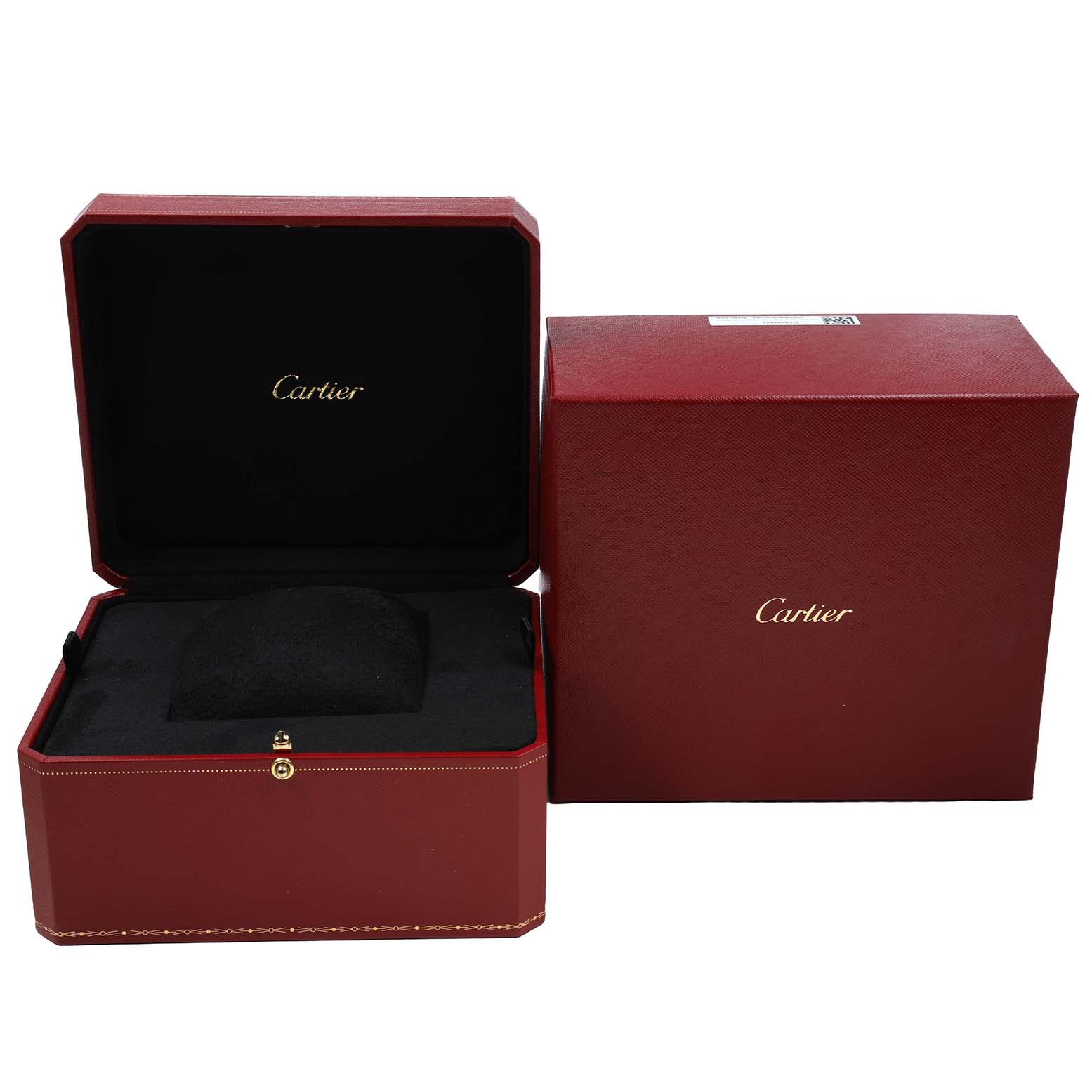 This image shows an open and closed red Cartier box for the Tank Americaine model.