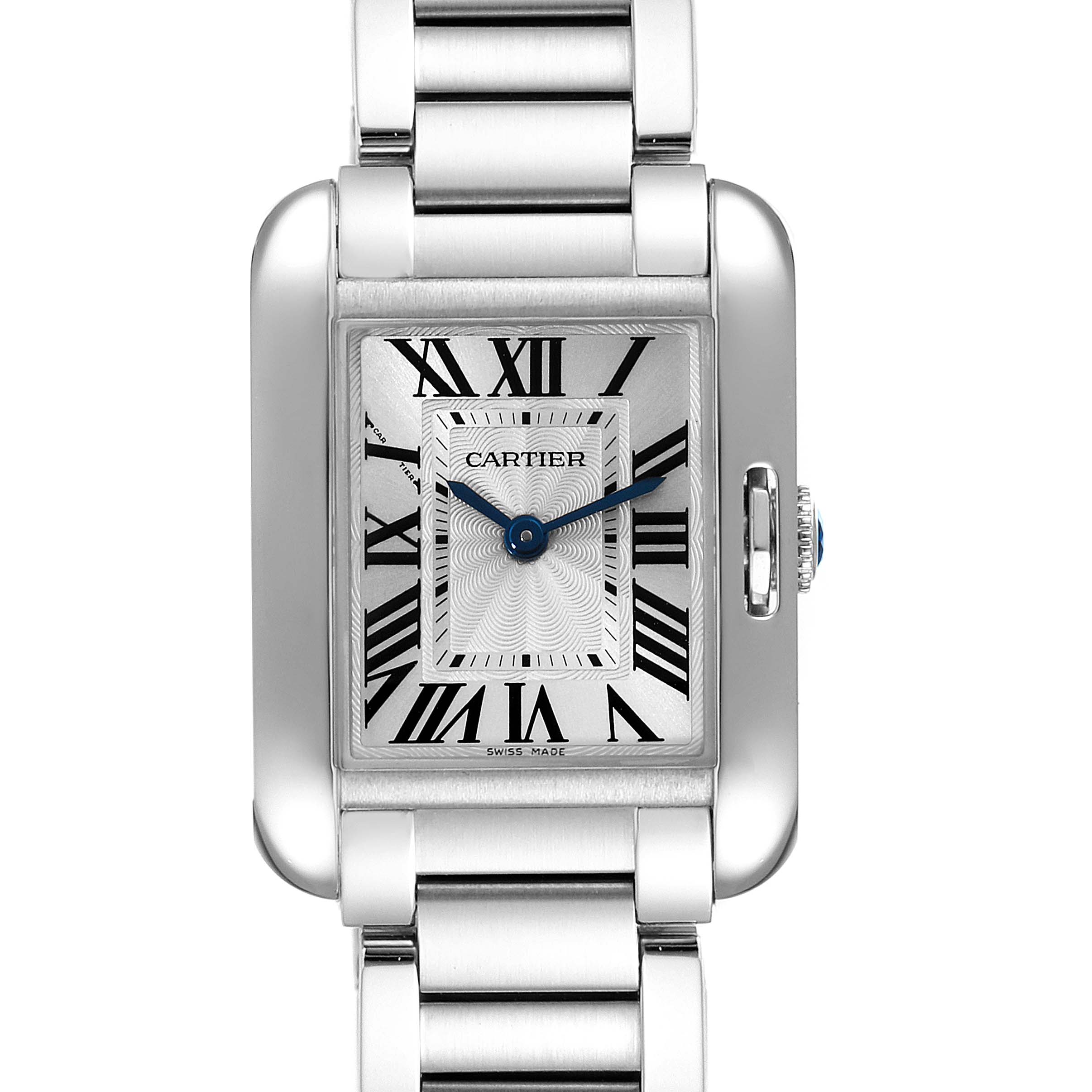 This image shows a Cartier Tank Anglaise W5310022 Women's Stainless Steel Silver Dial W5310022 Women's Stainless Steel Silver Dial watch from the front view, highlighting the face, hands, and part of the bracelet.