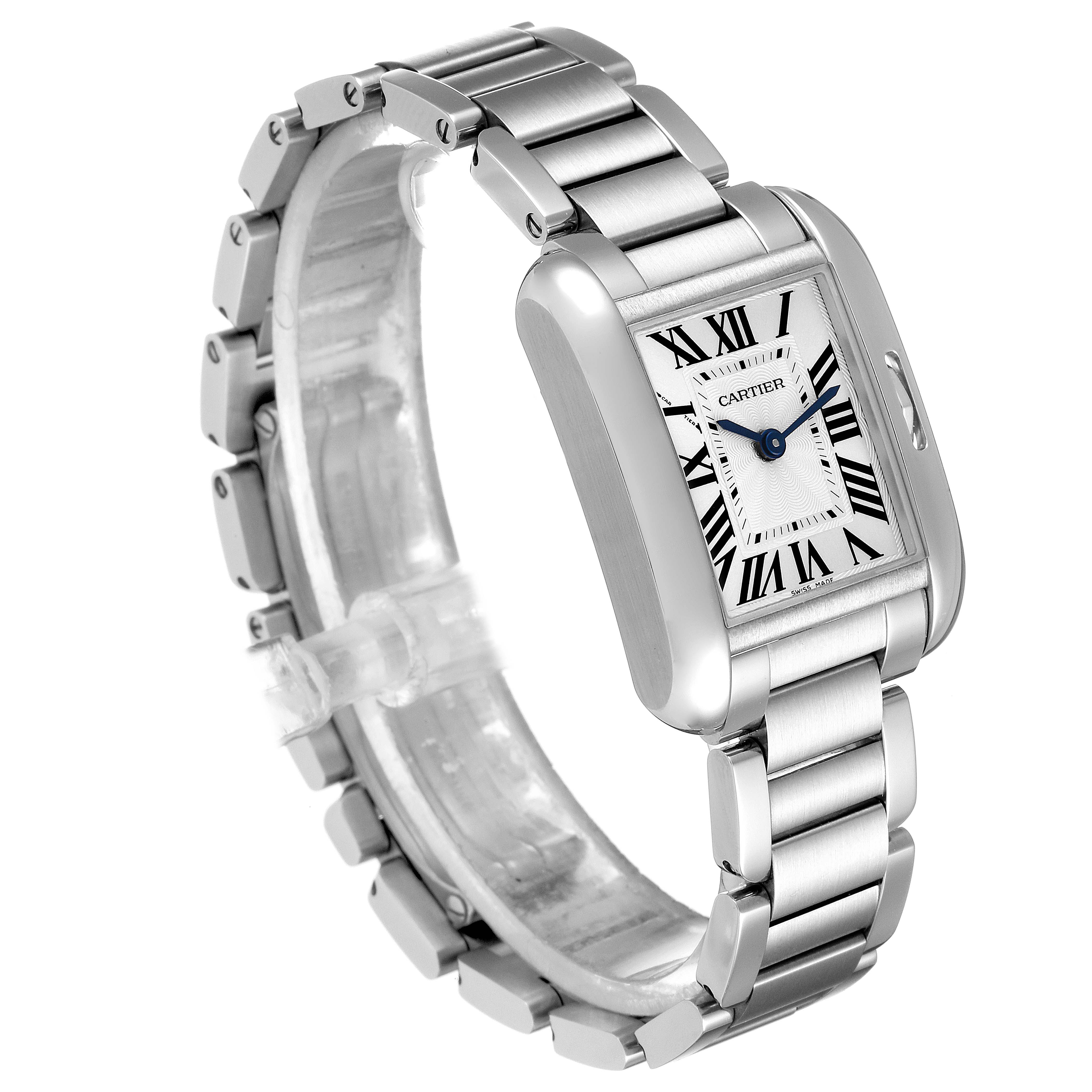 The image displays a Cartier Tank Anglaise W5310022 Women's Stainless Steel Silver Dial W5310022 Women's Stainless Steel Silver Dial watch at a three-quarter angle, showing the bezel, dial, and stainless steel bracelet.