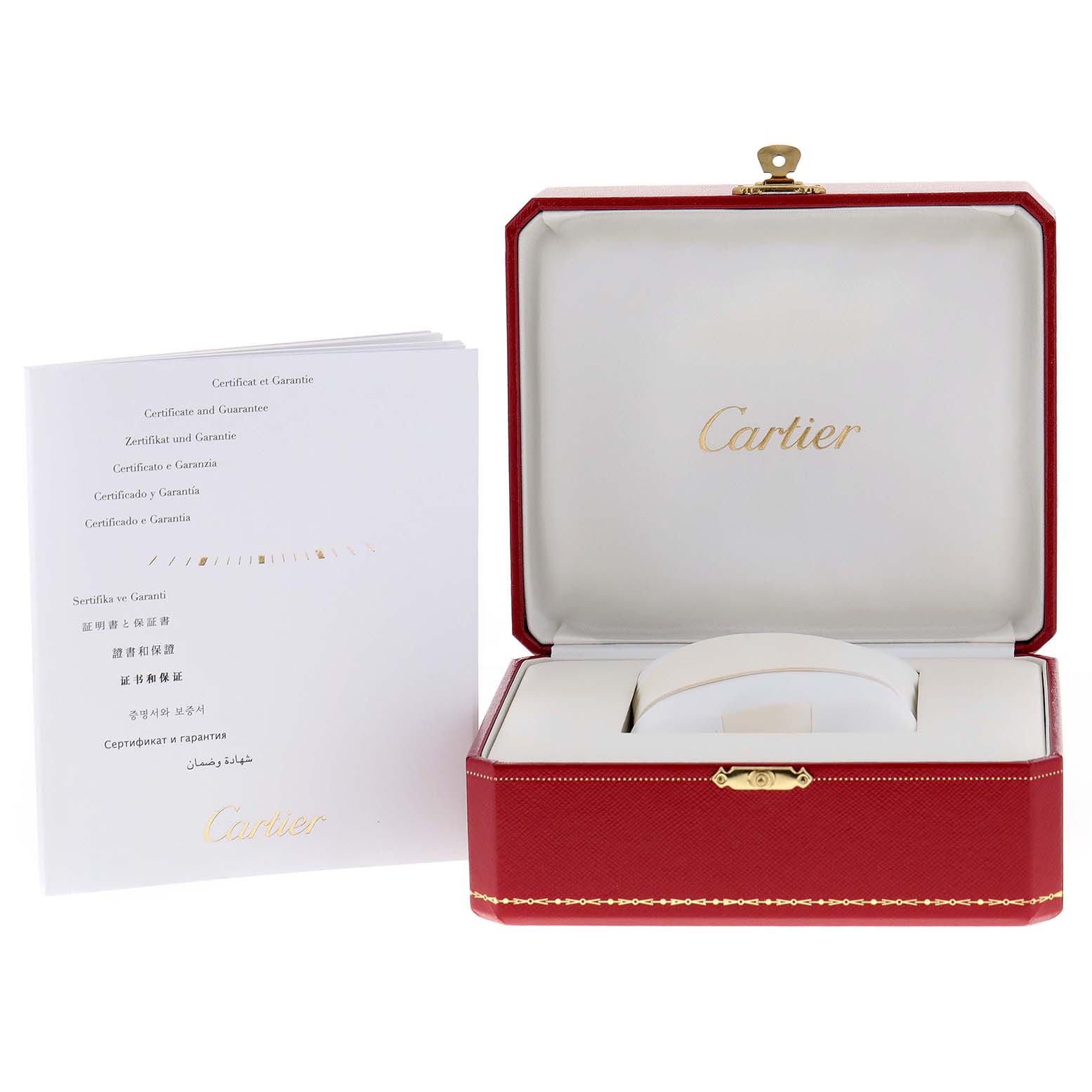 The Cartier Tank Anglaise W5310022 Women's Stainless Steel Silver Dial W5310022 Women's Stainless Steel Silver Dial watch box is shown open with warranty papers beside it.