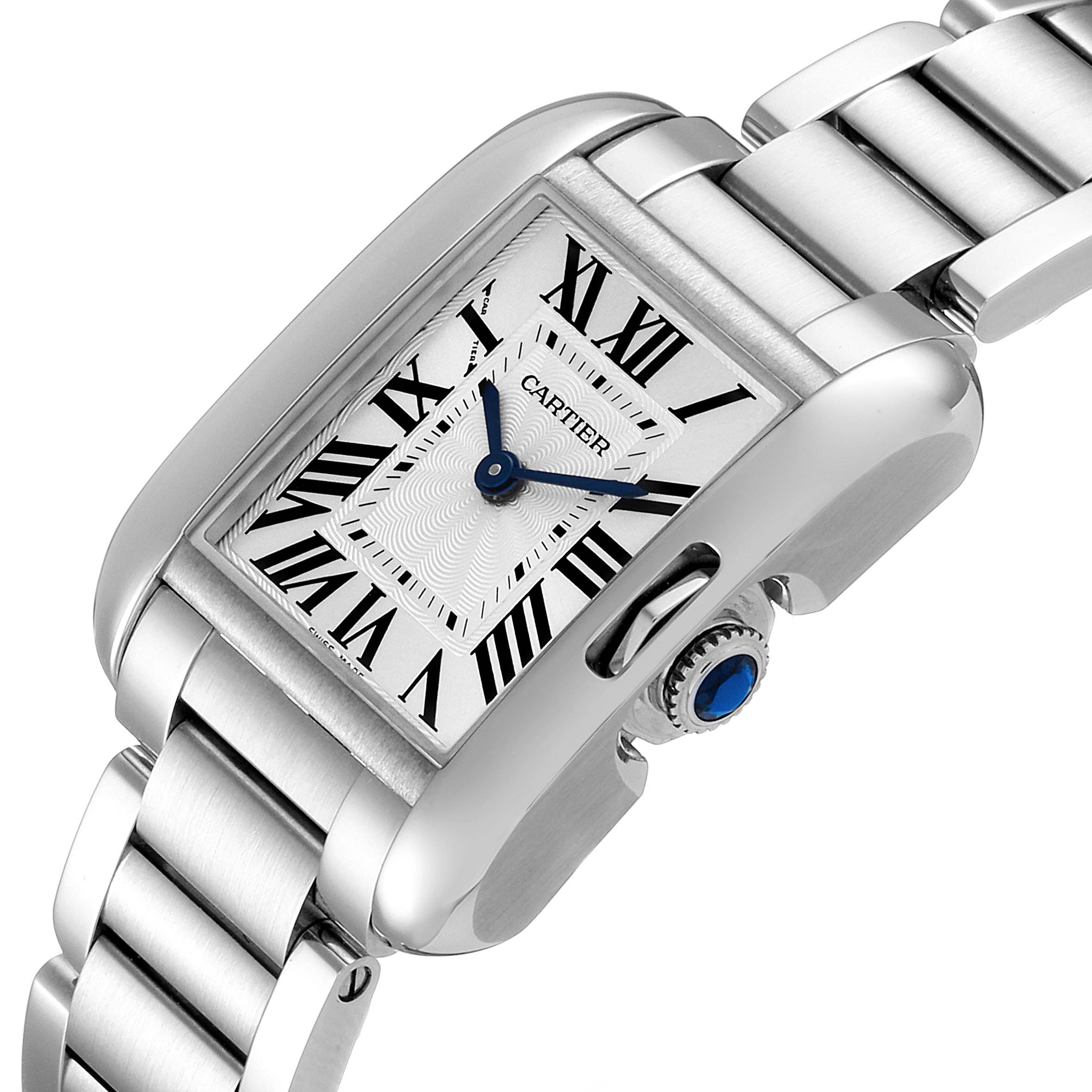 The image shows a close-up view of the Cartier Tank Anglaise W5310022 Women's Stainless Steel Silver Dial W5310022 Women's Stainless Steel Silver Dial watch, focusing on the dial and part of the bracelet.