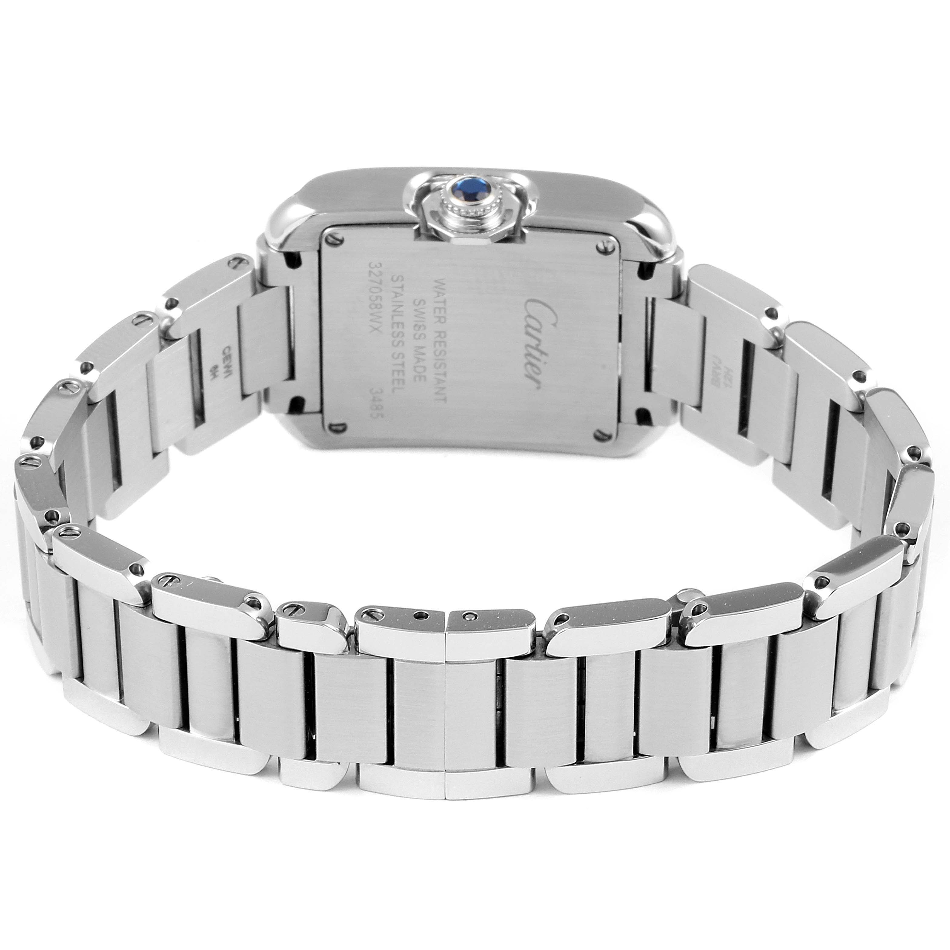 This image shows the back view of the Cartier Tank Anglaise W5310022 Women's Stainless Steel Silver Dial W5310022 Women's Stainless Steel Silver Dial watch, highlighting its stainless steel bracelet and case back.