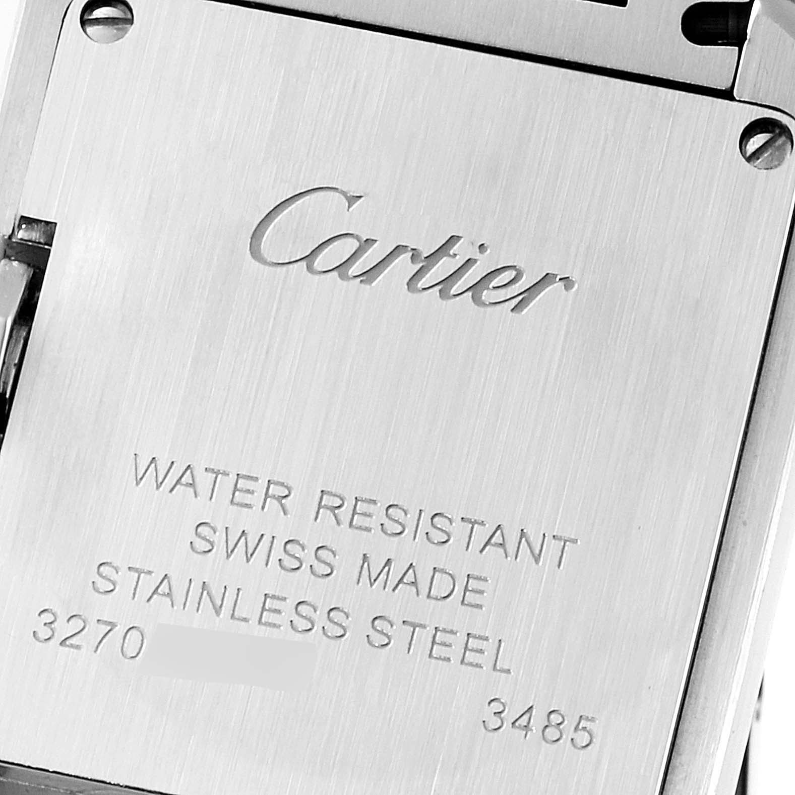 The image shows the back case of a Cartier Tank Anglaise W5310022 Women's Stainless Steel Silver Dial W5310022 Women's Stainless Steel Silver Dial watch, highlighting its engraved details and water resistance information.