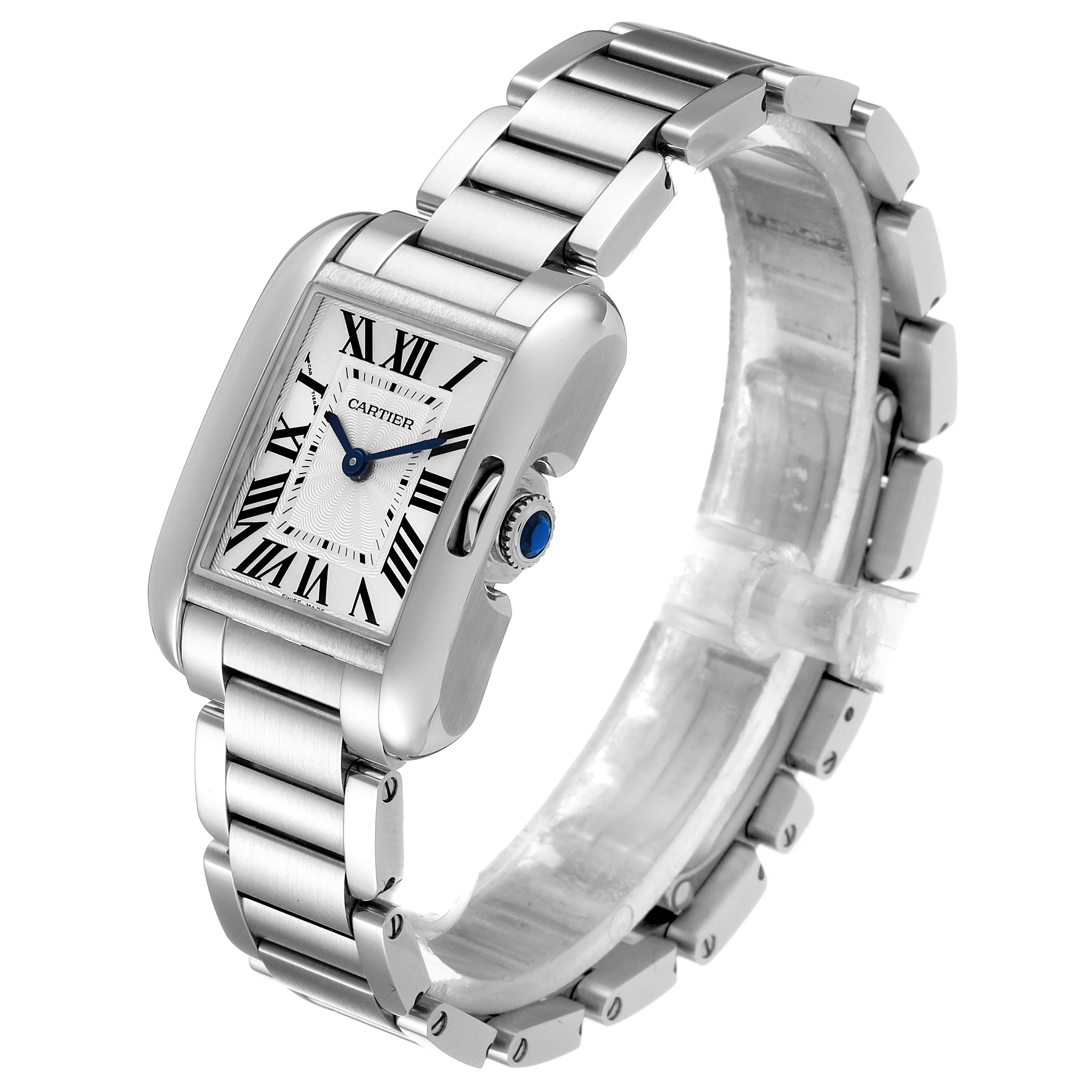 This image shows a Cartier Tank Anglaise W5310022 Women's Stainless Steel Silver Dial W5310022 Women's Stainless Steel Silver Dial watch at an angle, highlighting its face, crown, and metal bracelet.