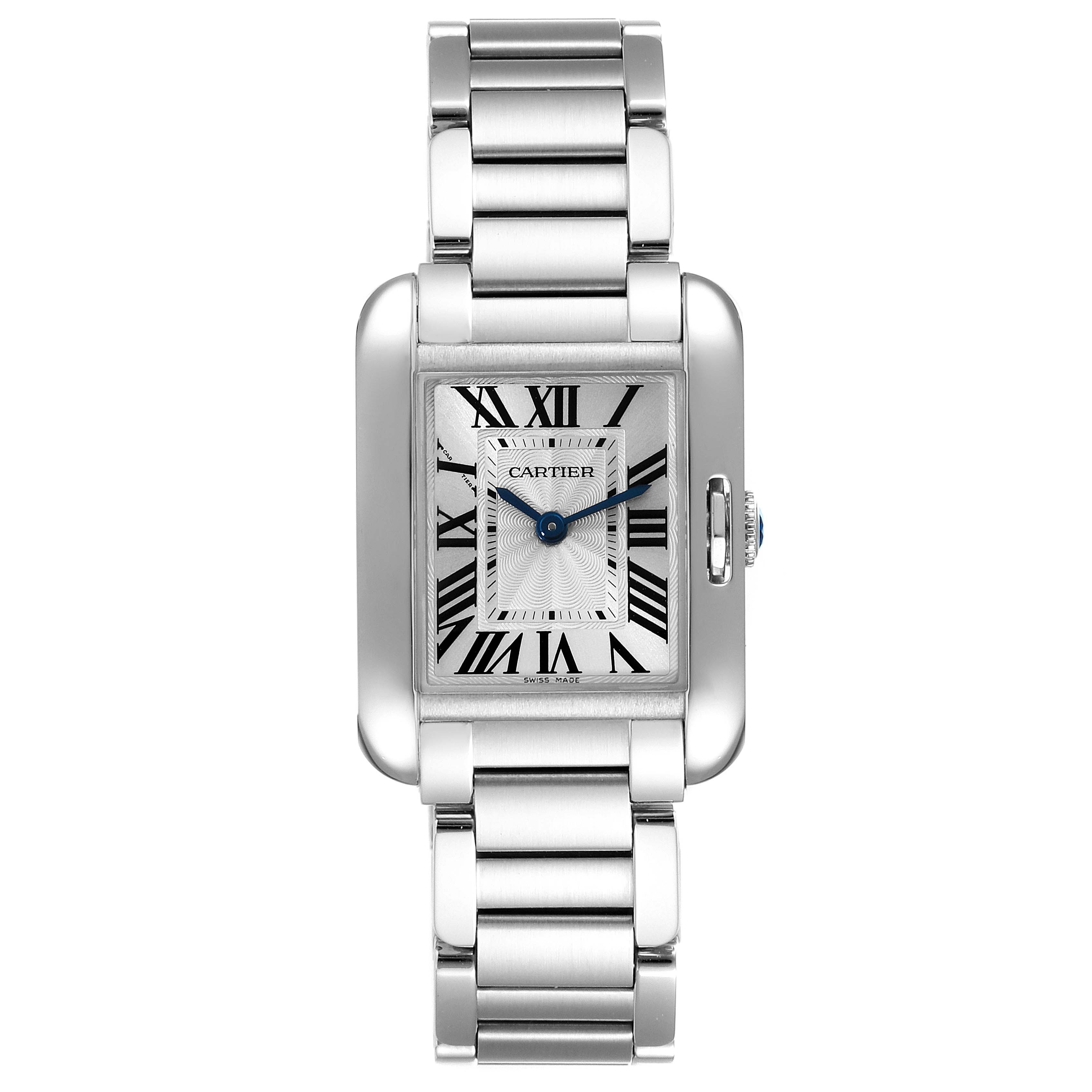 The Cartier Tank Anglaise W5310022 Women's Stainless Steel Silver Dial W5310022 Women's Stainless Steel Silver Dial watch is shown from the front, displaying its face, bracelet, and crown.