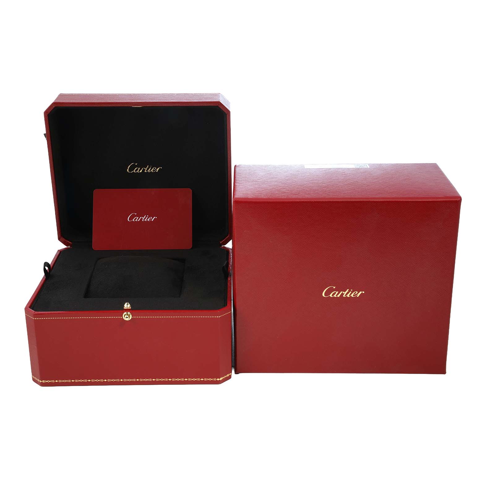 The image shows an open red Cartier box with the Tank Française model case and a smaller card inside.