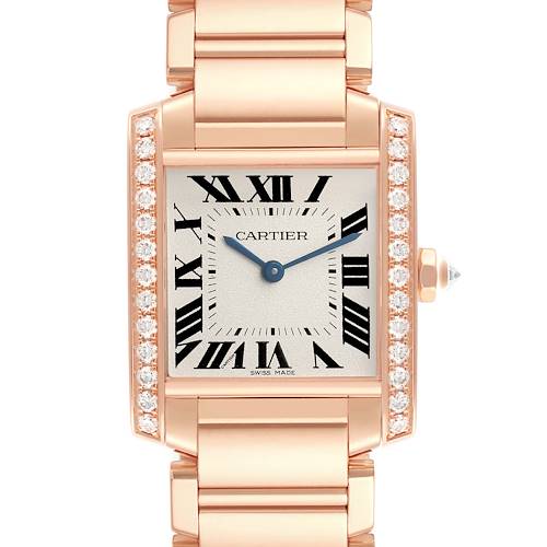 The Cartier Tank Francaise WJTA0023 Women's Rose Gold Silver Dial watch is shown from the front, highlighting its face, bracelet, and diamond-studded bezel.