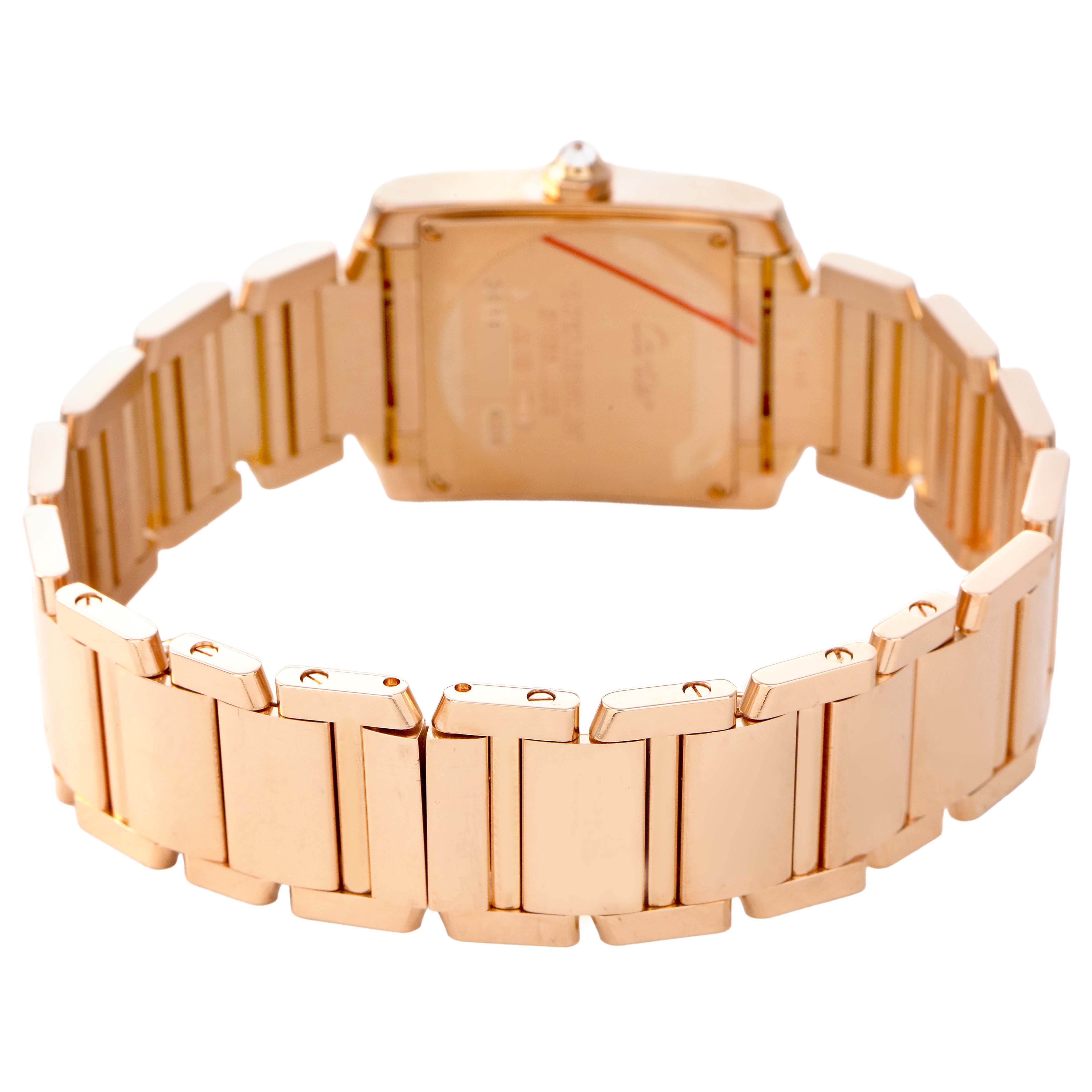The image shows the back view of the Cartier Tank Française watch, highlighting its case and bracelet links.