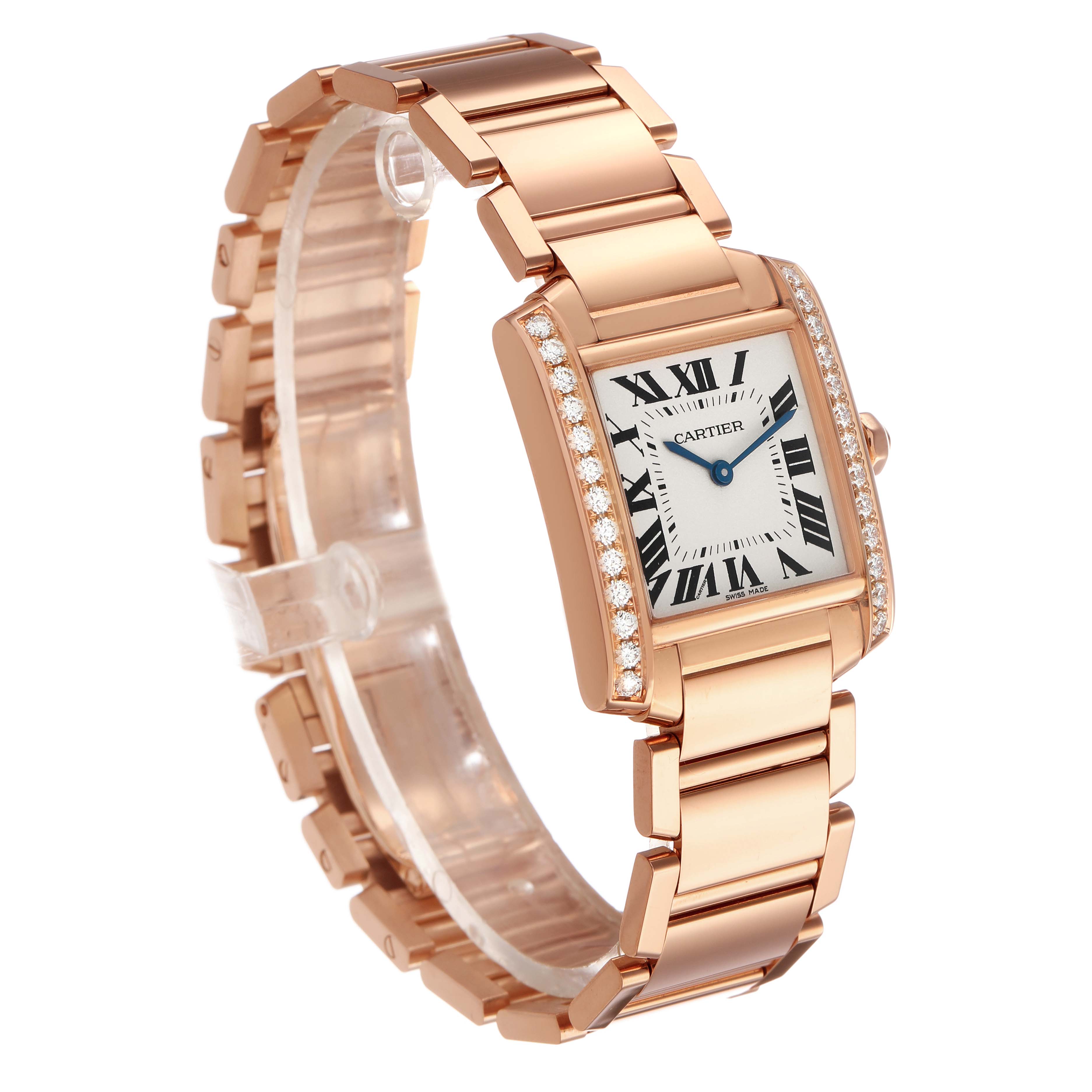 The Cartier Tank Française watch is shown at an oblique angle, highlighting its face, bracelet, and diamond-set bezel.
