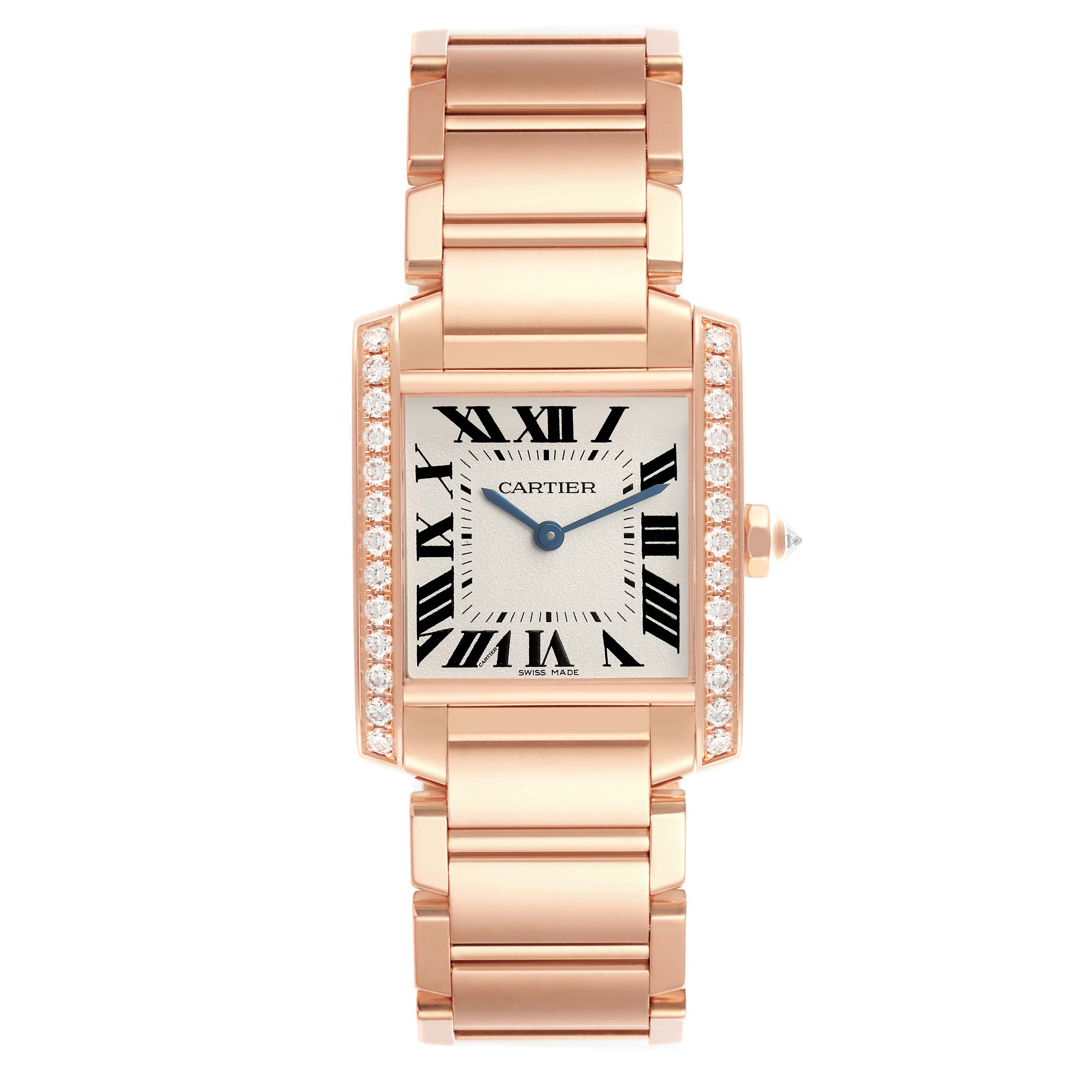 The Cartier Tank Française watch is shown from the front, highlighting the face, bracelet, and diamond-accented case.