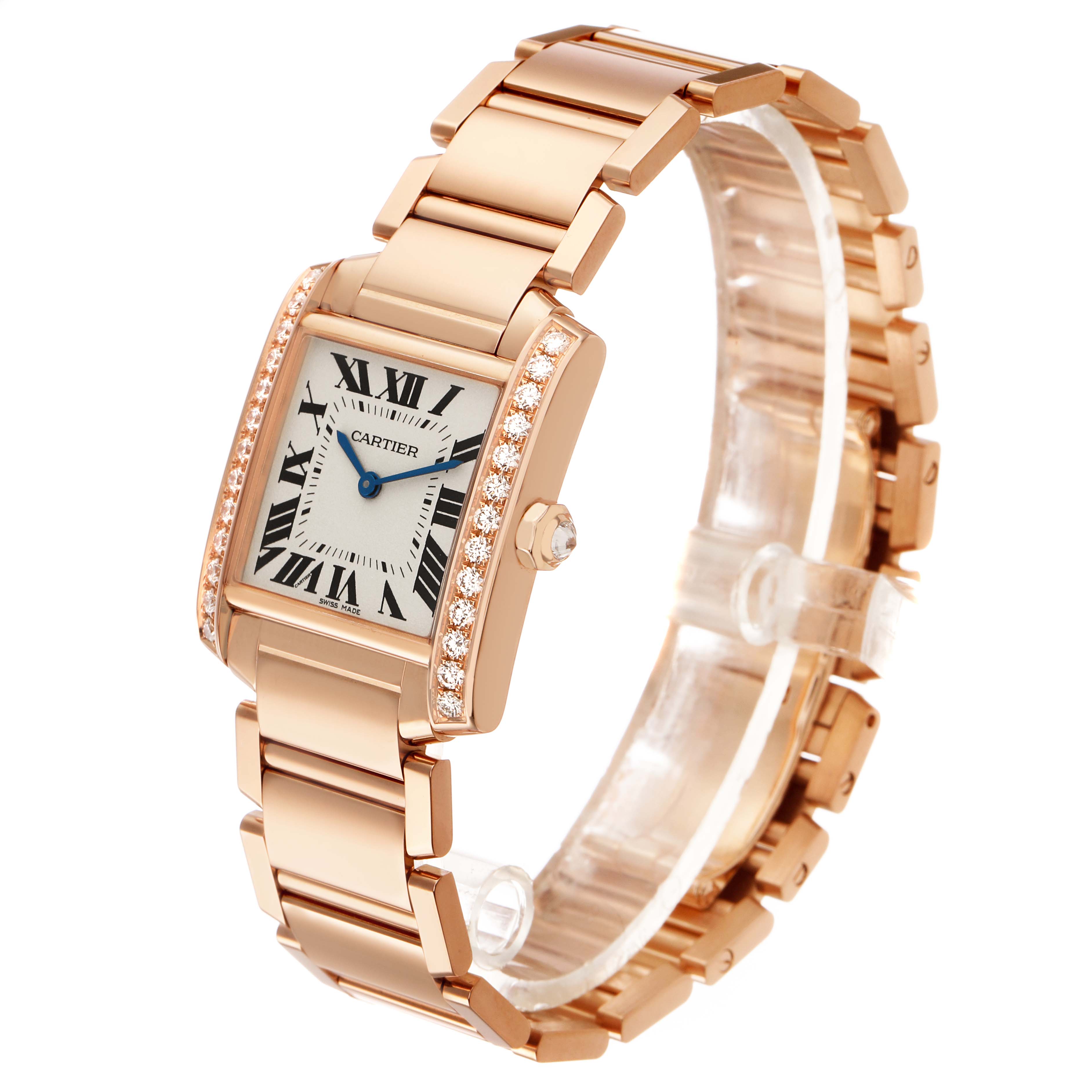 The Cartier Tank Francaise WJTA0023 Women's Rose Gold Silver Dial watch is shown at a slight angle, highlighting its rectangular face, bracelet, and diamond accents.