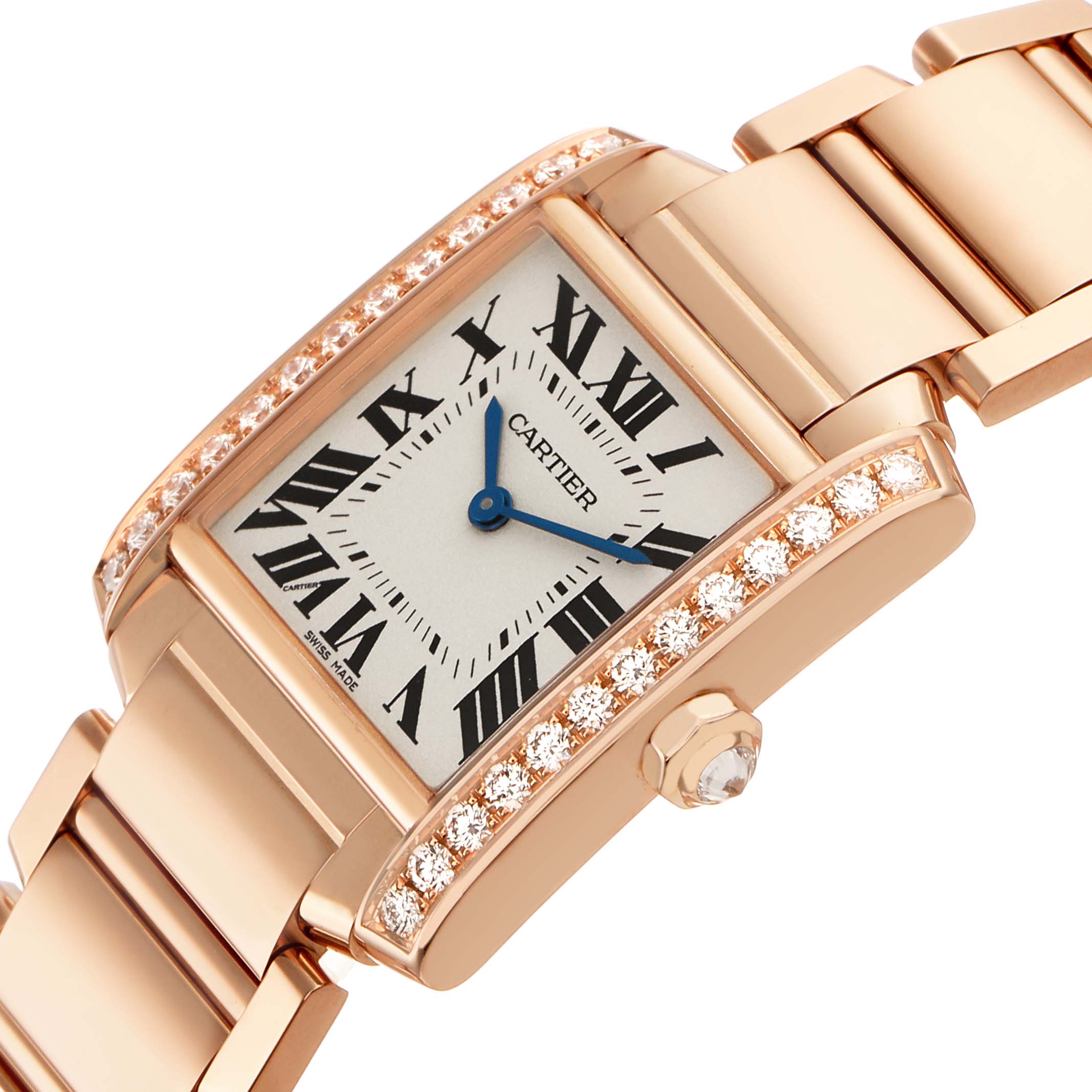 The Cartier Tank Française watch is viewed at an angle showcasing its diamond-encrusted bezel, Roman numeral dial, and bracelet.