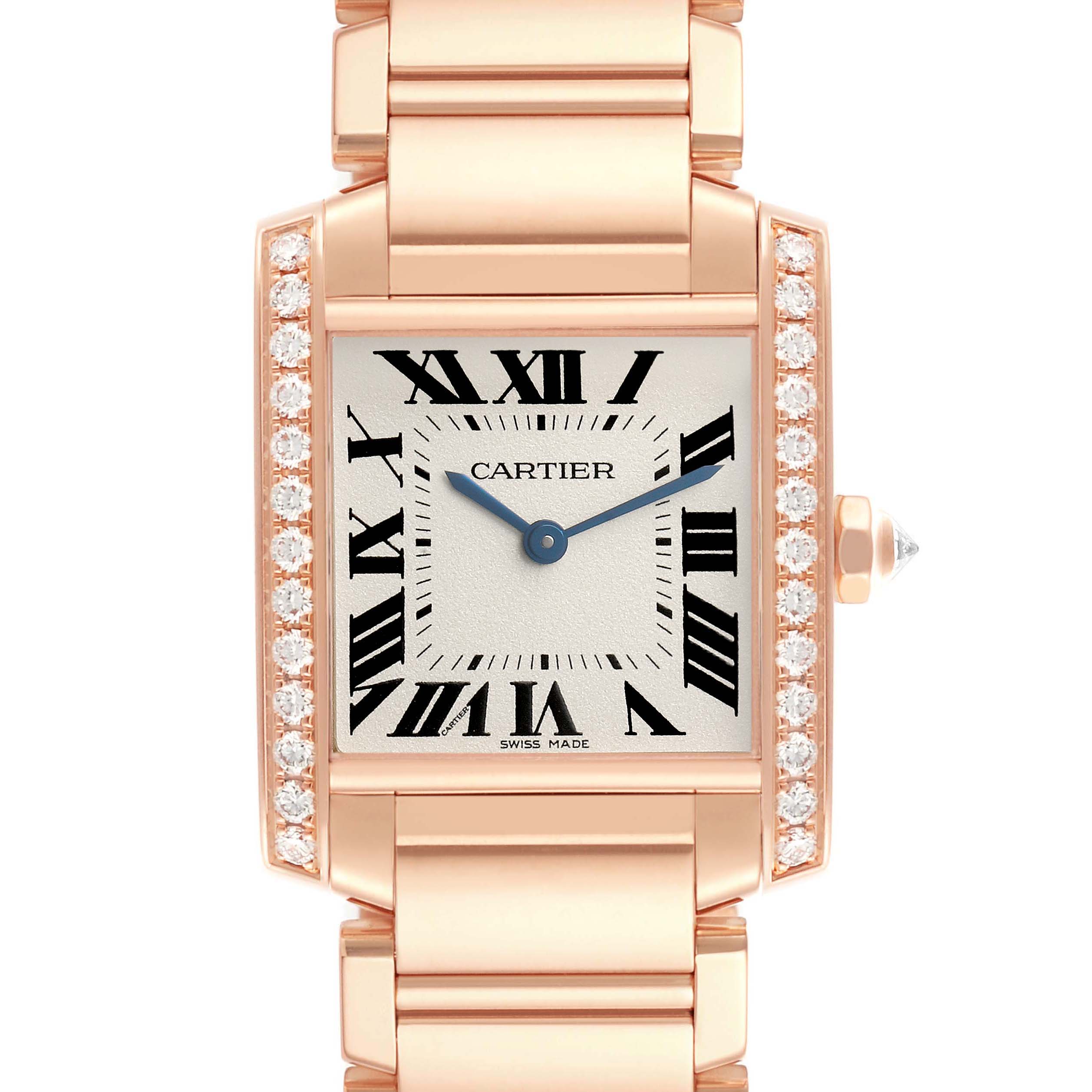 The Cartier Tank Francaise WJTA0023 Women's Rose Gold Silver Dial watch is shown from the front, highlighting its rectangular face, Roman numerals, and diamond-set bezel.
