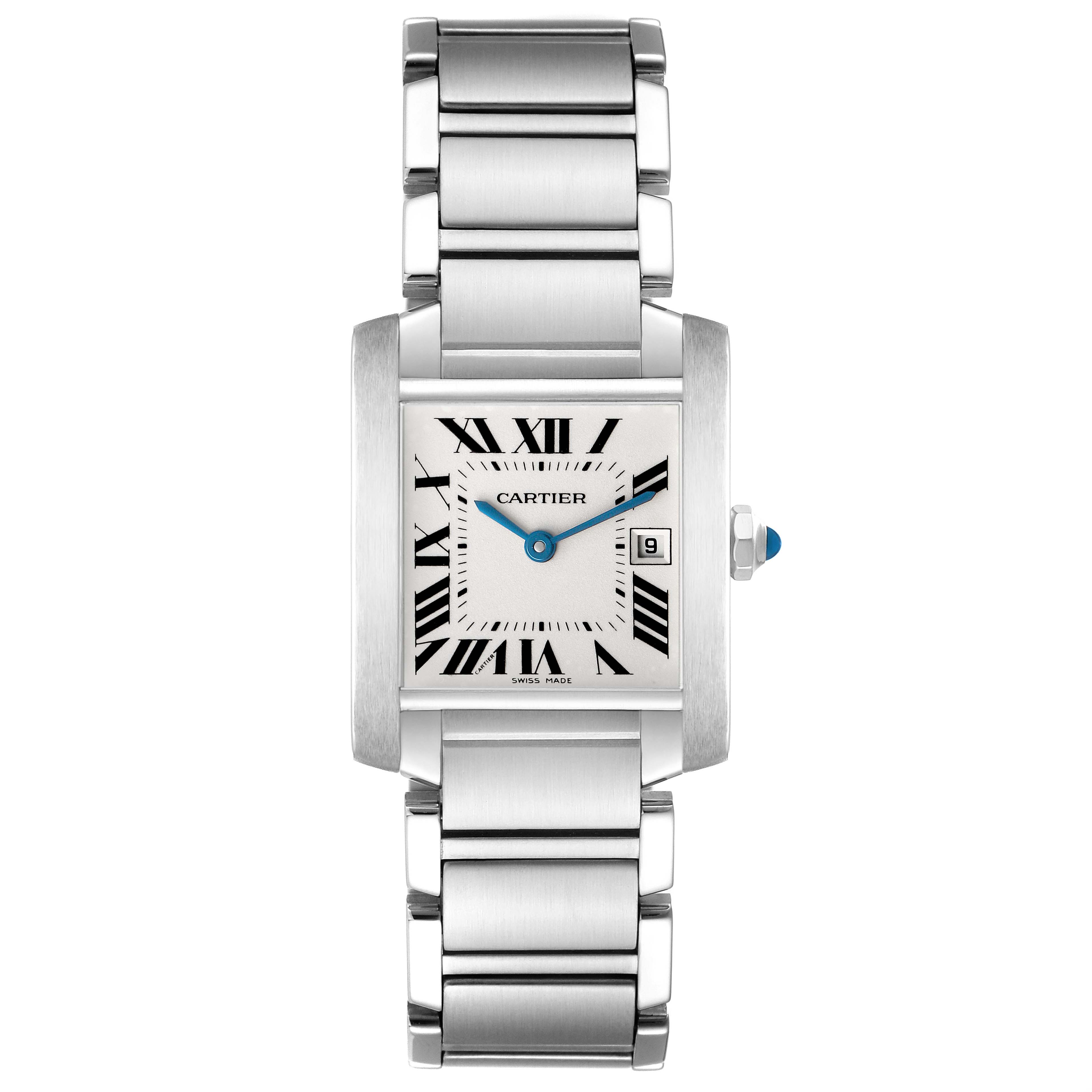 The Cartier Tank Francaise W51011Q3 Women's Stainless Steel Silver Dial watch is shown from a front angle, displaying its face, rectangular case, and metal bracelet.