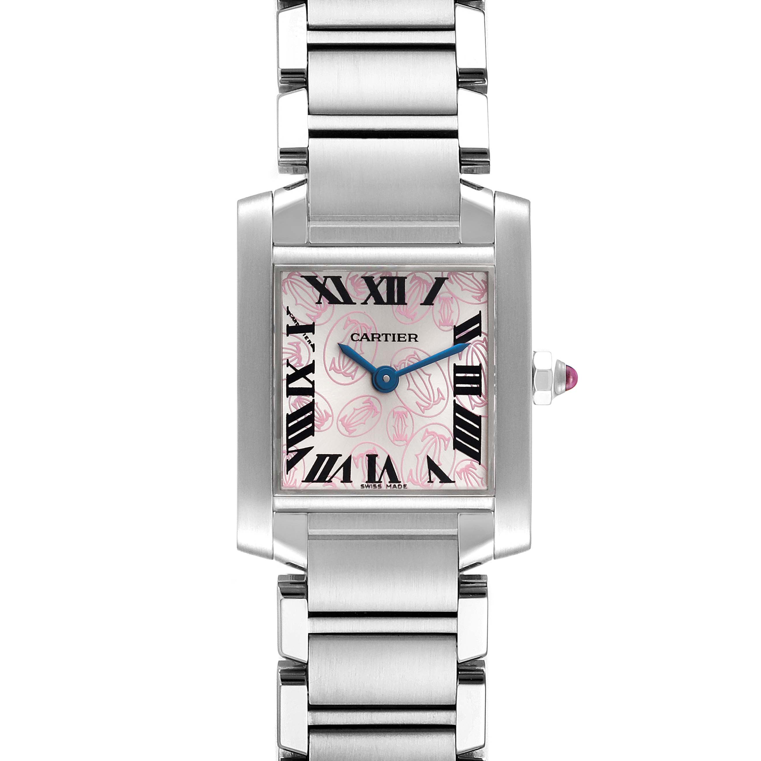 The image shows a Cartier Tank Francaise W51031Q3 Women's Stainless Steel Silver Dial W51031Q3 Women's Stainless Steel Silver Dial watch from a front angle, displaying its face, bracelet, and crown with a pink cabochon.