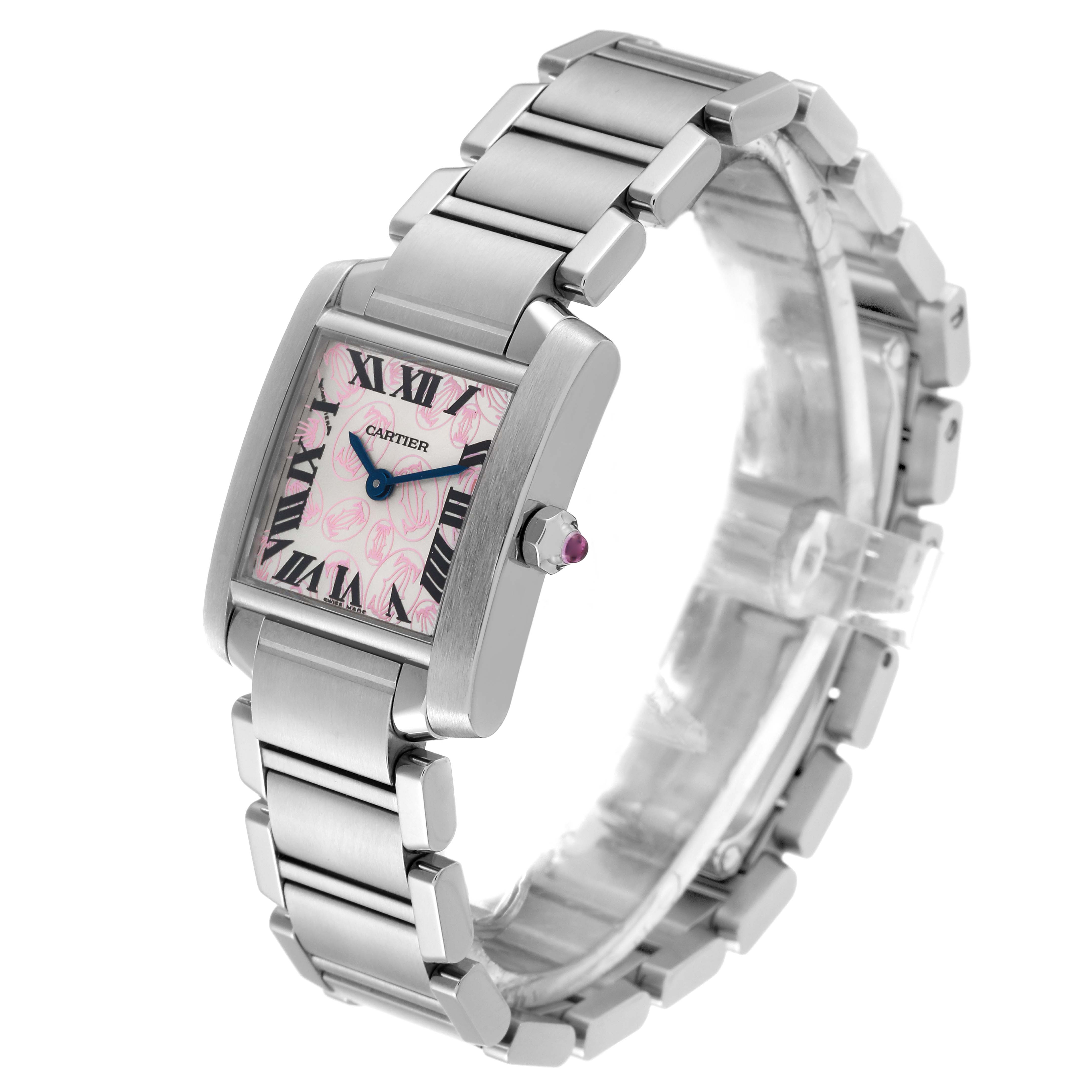 The Cartier Tank Francaise W51031Q3 Women's Stainless Steel Silver Dial W51031Q3 Women's Stainless Steel Silver Dial watch is shown from a three-quarter angle, highlighting the face, bracelet, and crown detail.